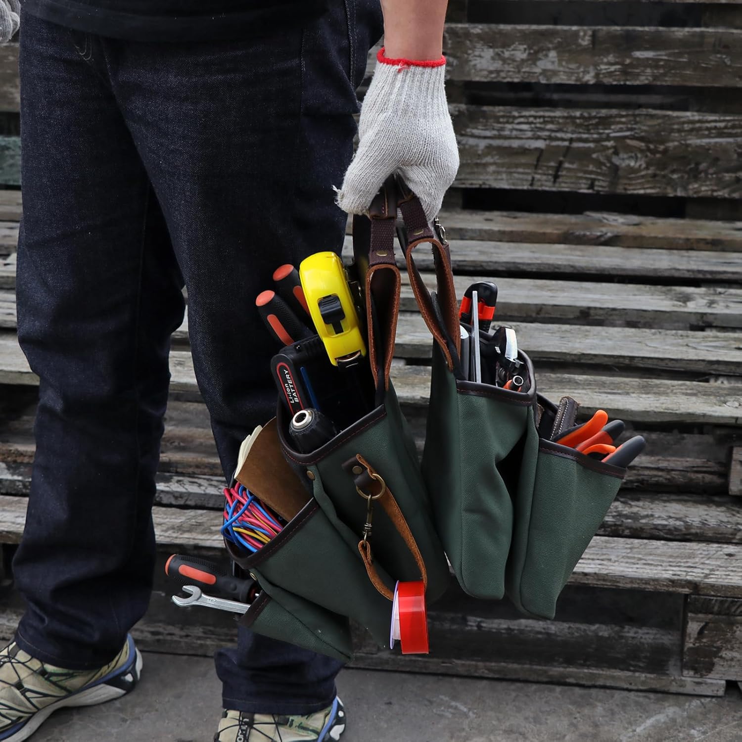 Thumbnail 6 de TourBON Canvas and Leather Apron Tool Belt Pouch – Heavy Duty Storage for Electricians and Carpenters