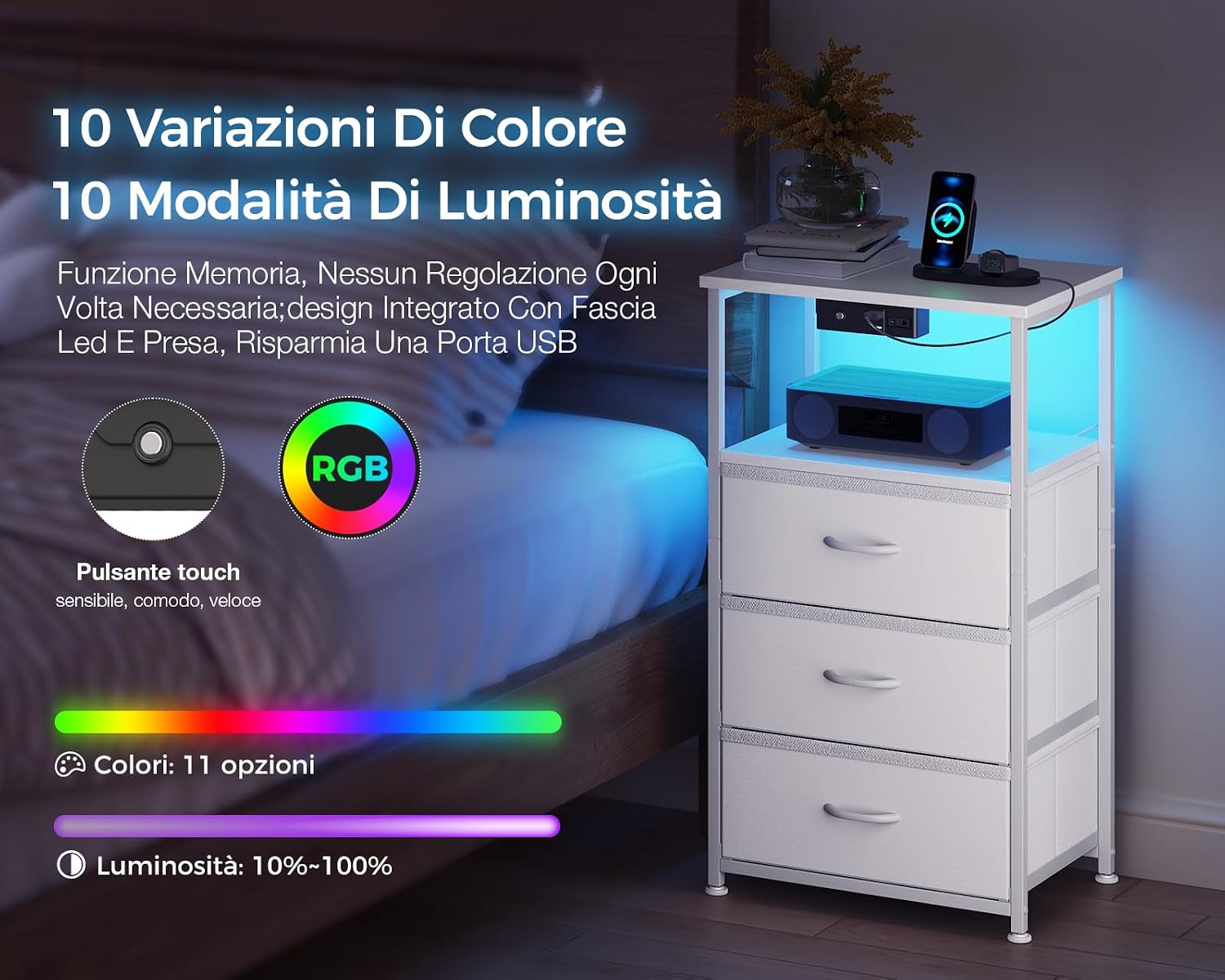 Thumbnail 4 de Coleshome Comodino con LED 40x30x70 cm confezione da 2
