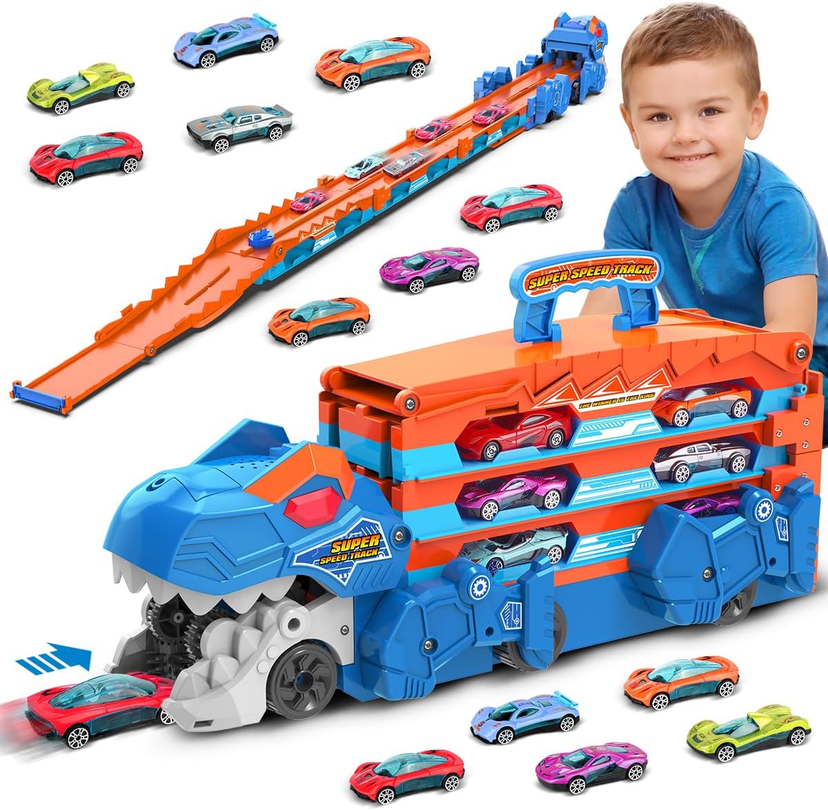 VATOS 2-in-1 Dinosaurier-Transporttruck mit Klapp-Track und 8 Rennautos – Trägerfahrzeug-Spielset für Kinder (ca. 3–5 Jahre)
