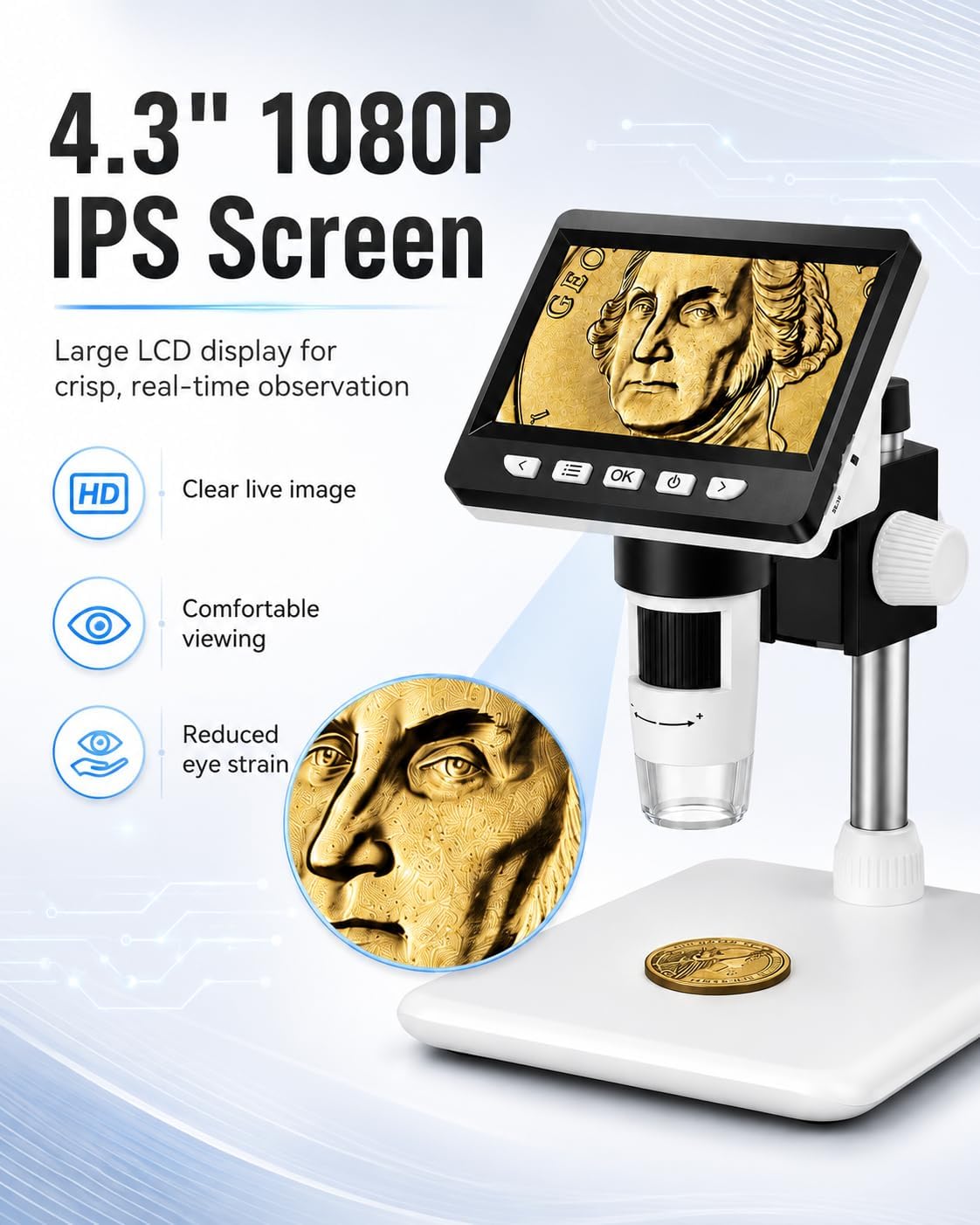 Thumbnail 1 de Coin Microscope 4.3-Inch 1000X Digital Microscope with 8 LED Lights — PC & Mac Compatible