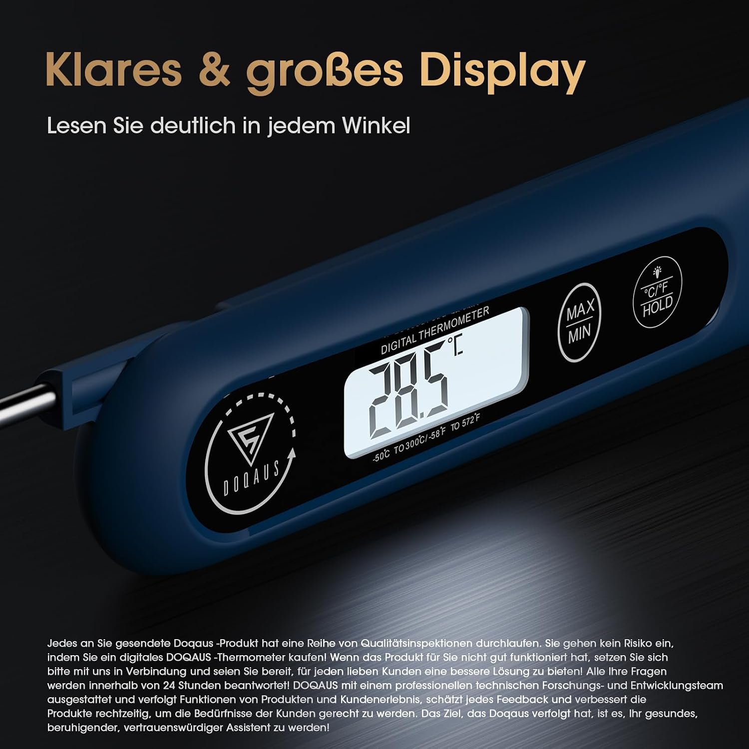 Detalle de DOQAUS Grillthermometer digitales Bratenthermometer mit 3‑Sekunden-Messung und langer Edelstahlsonde – Navyblau