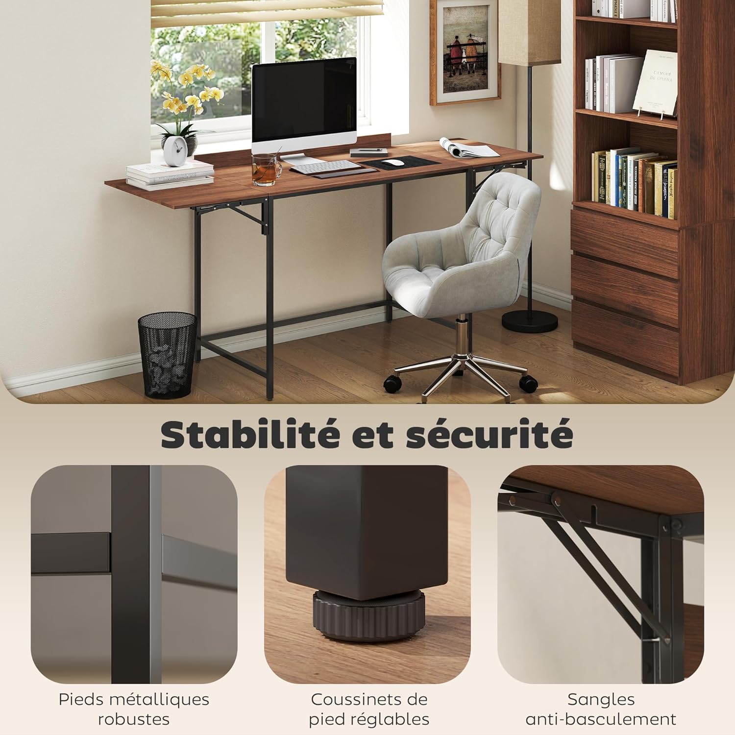 Thumbnail 5 de HOMCOM Bureau Pliant Table d'ordinateur 170 x 58 cm – Bois moderne, pliable, pour deux écrans