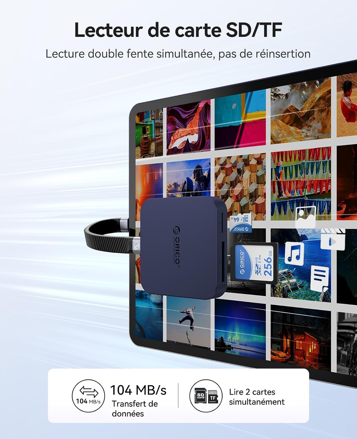 Thumbnail 4 de ORICO Magnétique lecteur carte SD USB-C 4-en-1 avec charge PD 100 W (bleu) – transfert jusqu’à 104 Mo/s