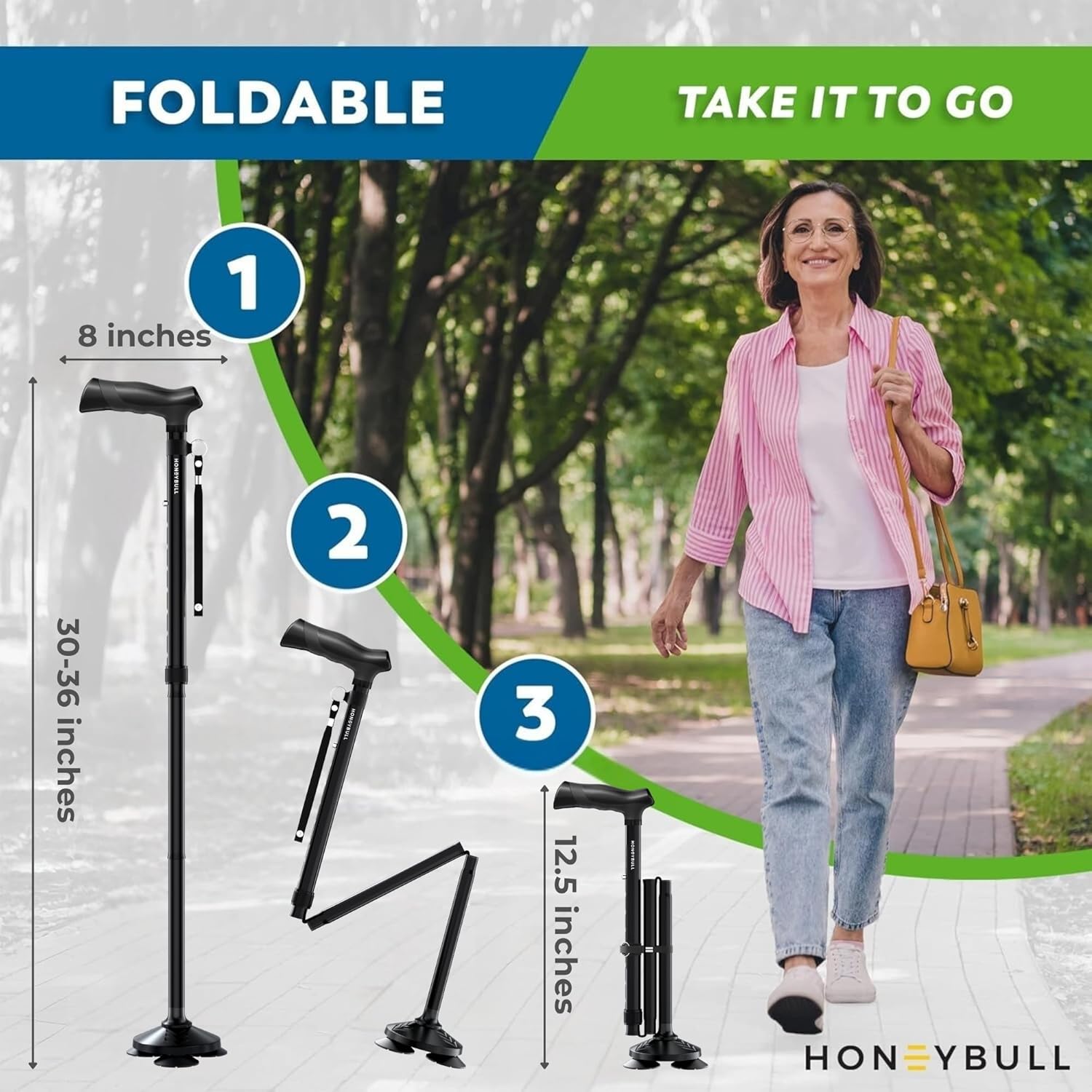 Detalle 2 de HONEYBULL Folding Walking Cane: All-Terrain, Adjustable & Heavy-Duty for Seniors and Adults