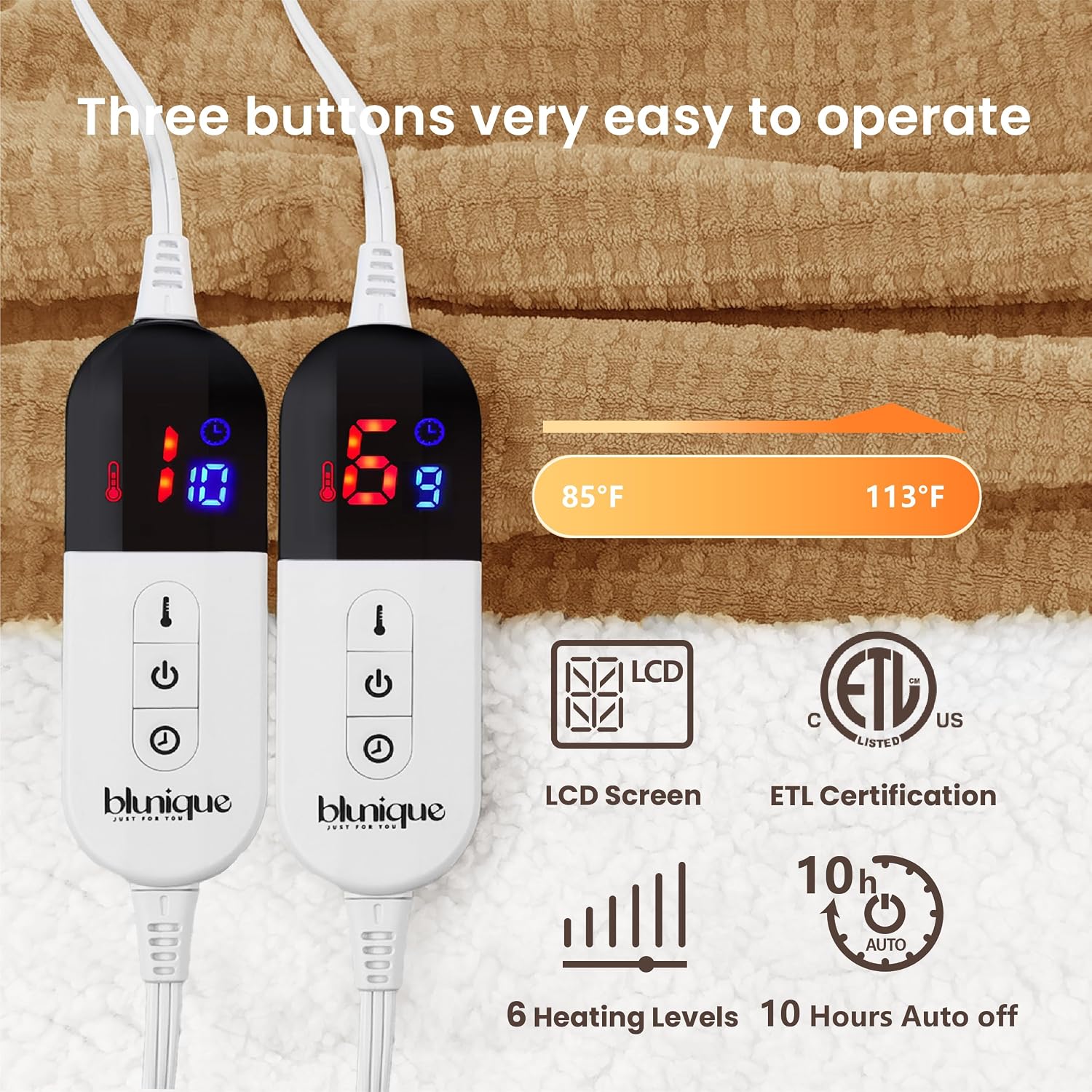 Thumbnail 4 de blunique Heated Blanket King 90x100, Dual Controllers