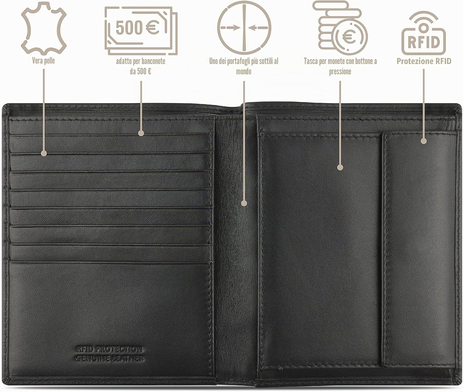 Detalle 2 de Bugatti Super Slim portafoglio RFID in vera pelle Nero – ultra sottile e tascabile