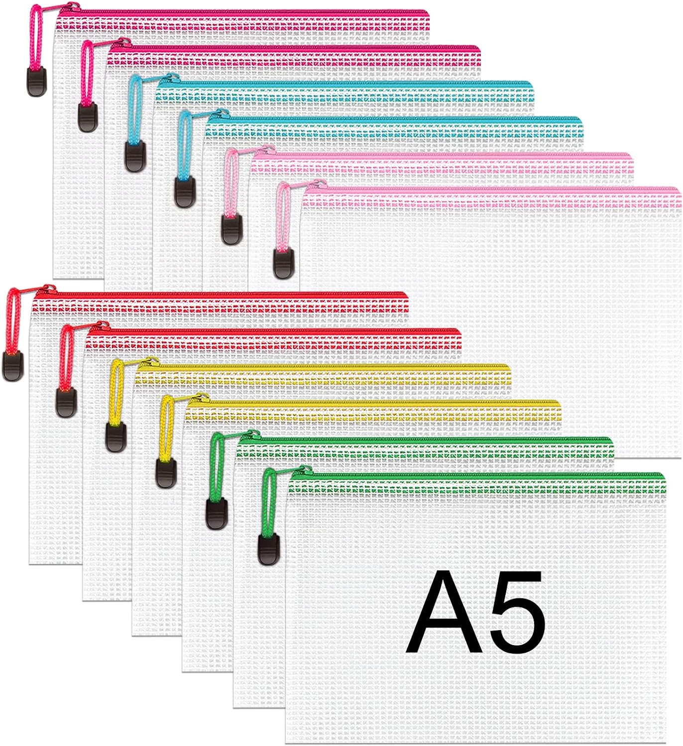 Detalle de A5 Plastic Zip Wallets - 12PCS A5 Zip Lock Bags Plastic Document Folders Zipper File Bags Waterproof Mesh Zipper Pouch for School Office Supplies, Receipts, Household Bills, Cosmetics Travel Storage