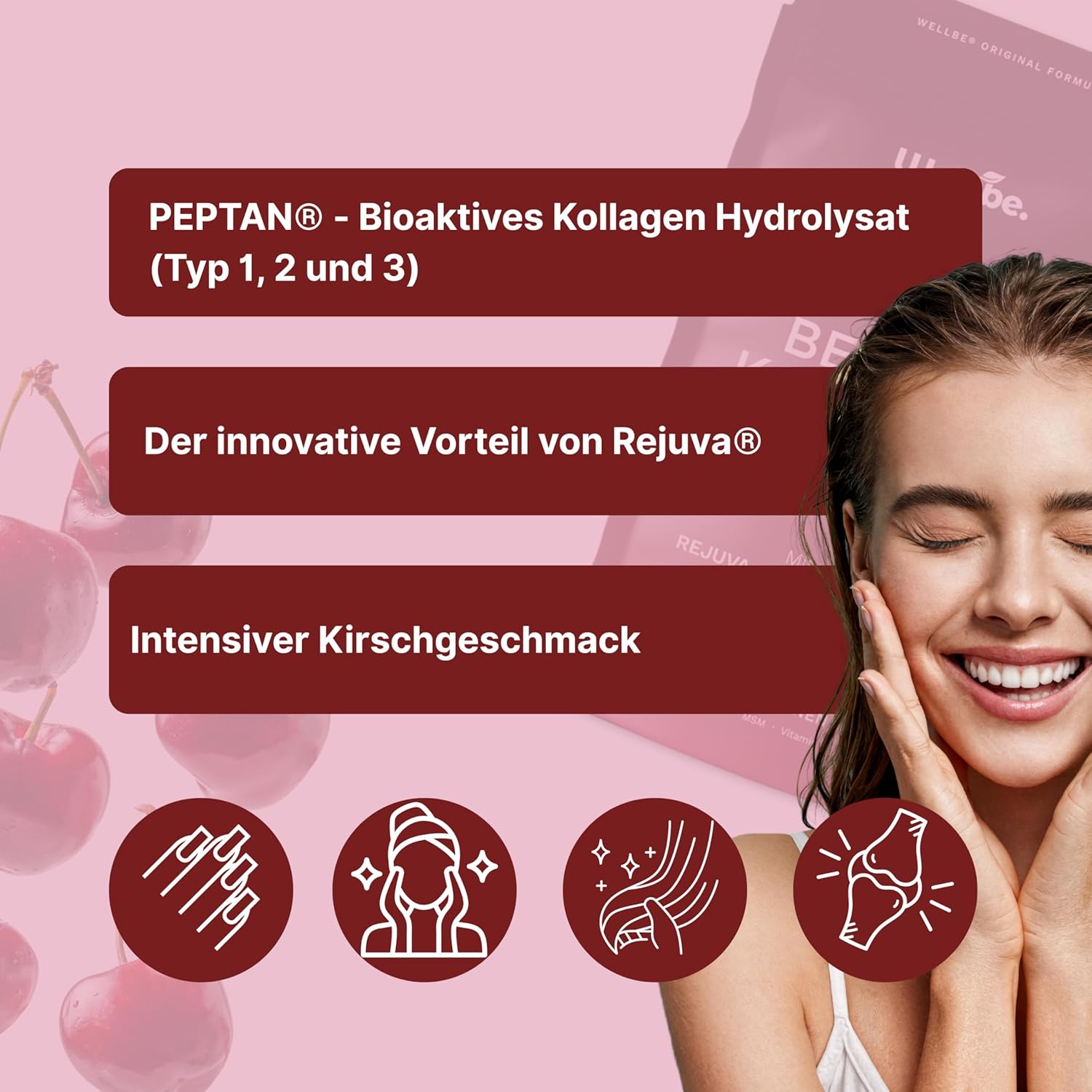 Thumbnail 5 de Wellbe Kollagen Pulver Kirsch – Hochdosierte Kollagen-Peptide mit Hyaluron, Biotin, Zink und Vitamin C (250 g) Made in Germany
