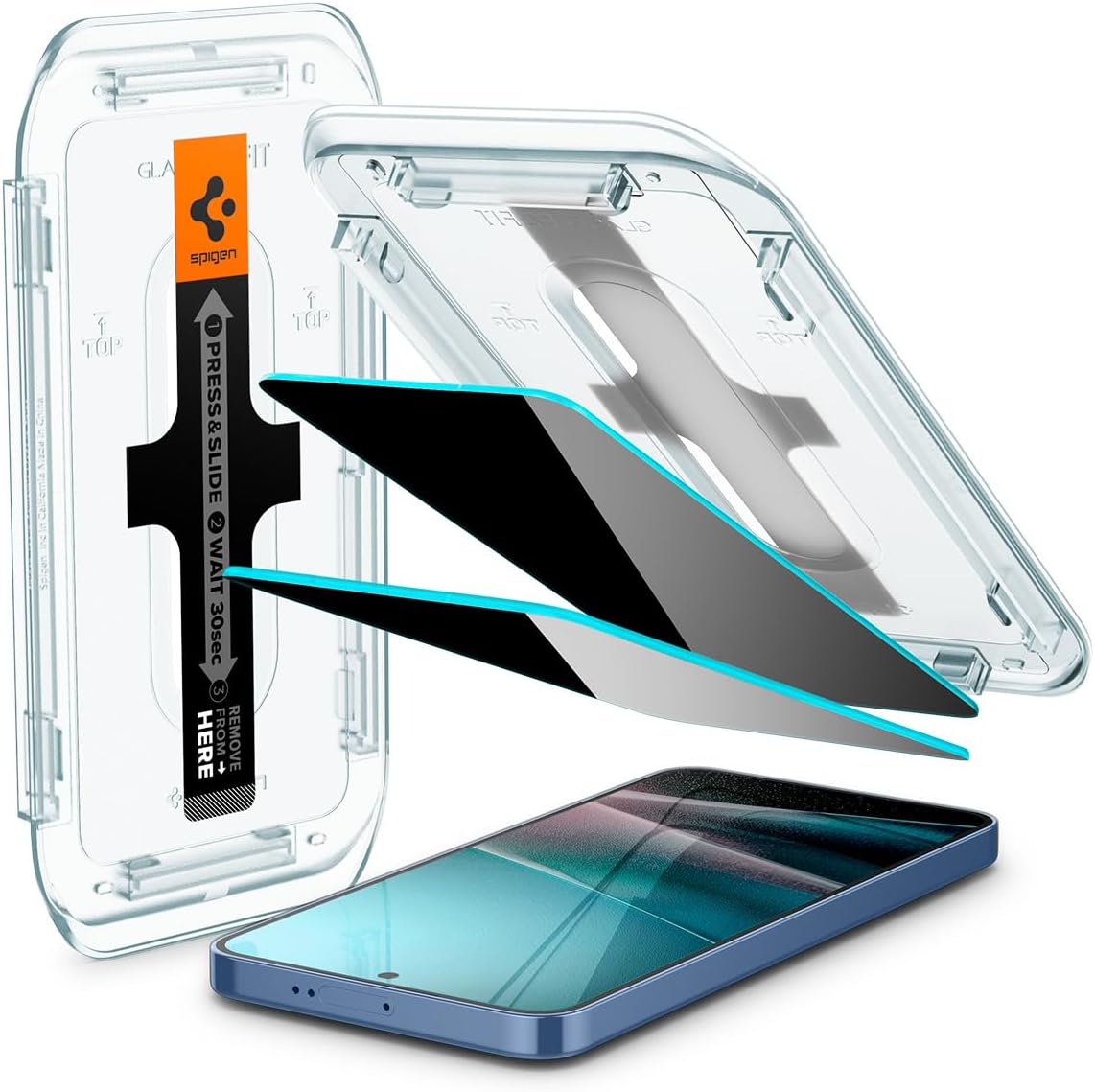 Spigen Glas.tR EZ Fit — Verre trempé anti-espion pour Samsung Galaxy S25 / S24 (2 pièces), installation facile, dureté 9H