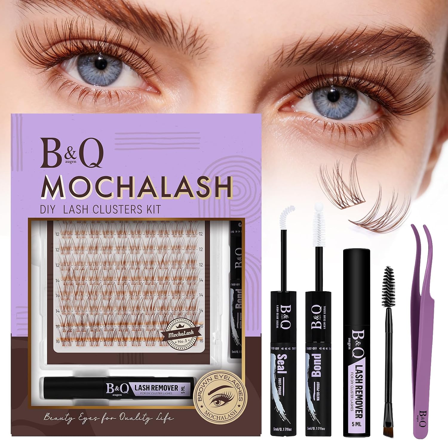 Detalle de B&Qaugen Lashes Extension Set Wispy Braun – Natürlicher Look mit Brownbraune Cluster-Lashes (8–16 mm) und Bond & Seal