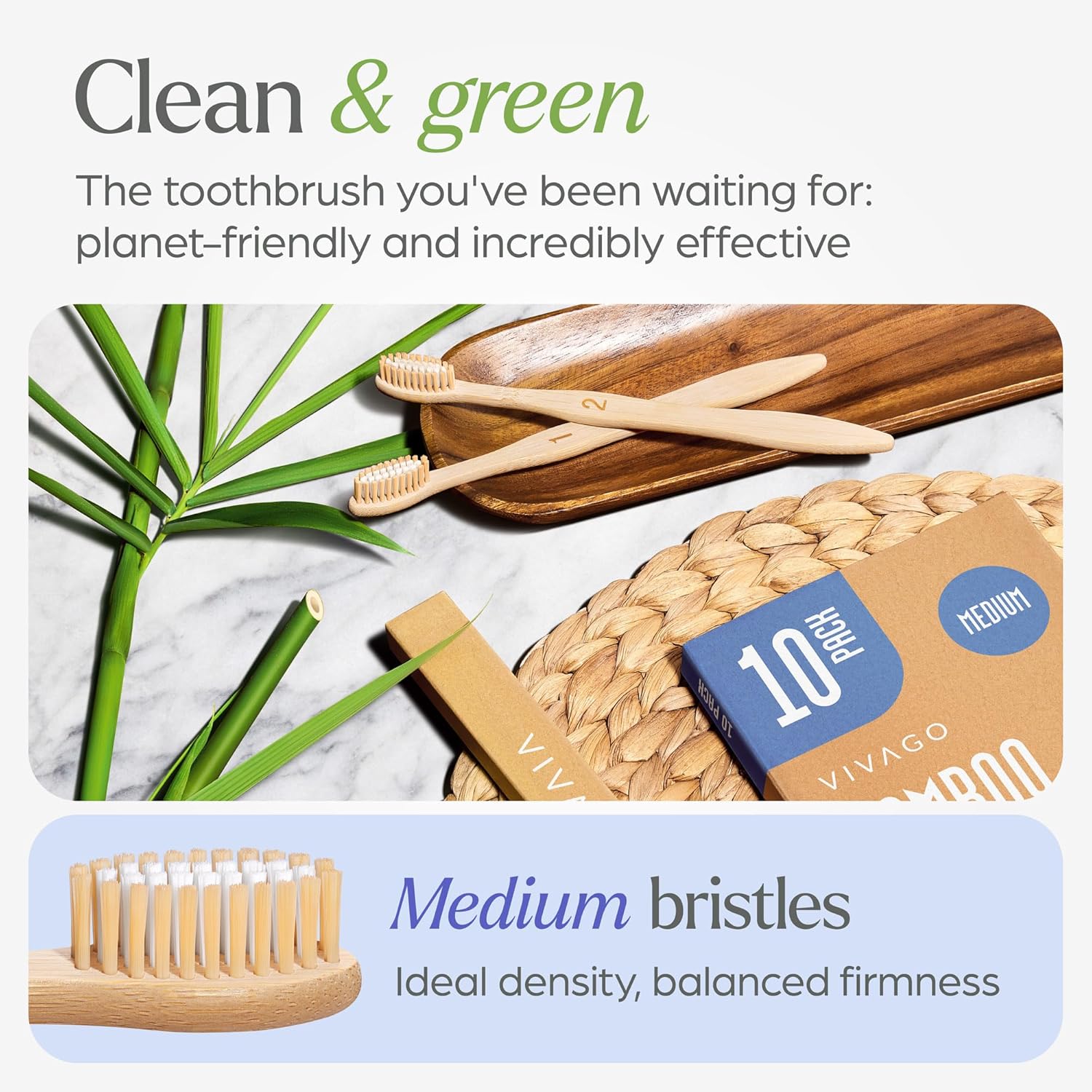 Detalle de VIVAGO Bamboo Toothbrushes Medium Bristles 10 Pack