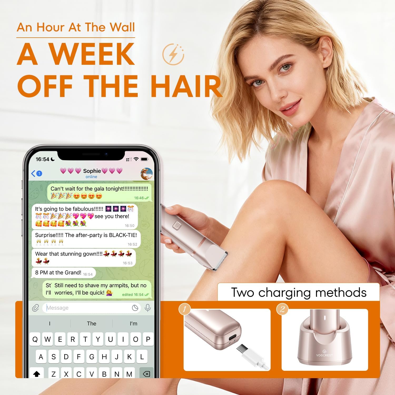 Detalle 2 de VG VOGCREST Bikini Trimmer für Frauen (2-in-1) – schmerzloses Trimmen & Rasieren, IPX7, Champagner Gold