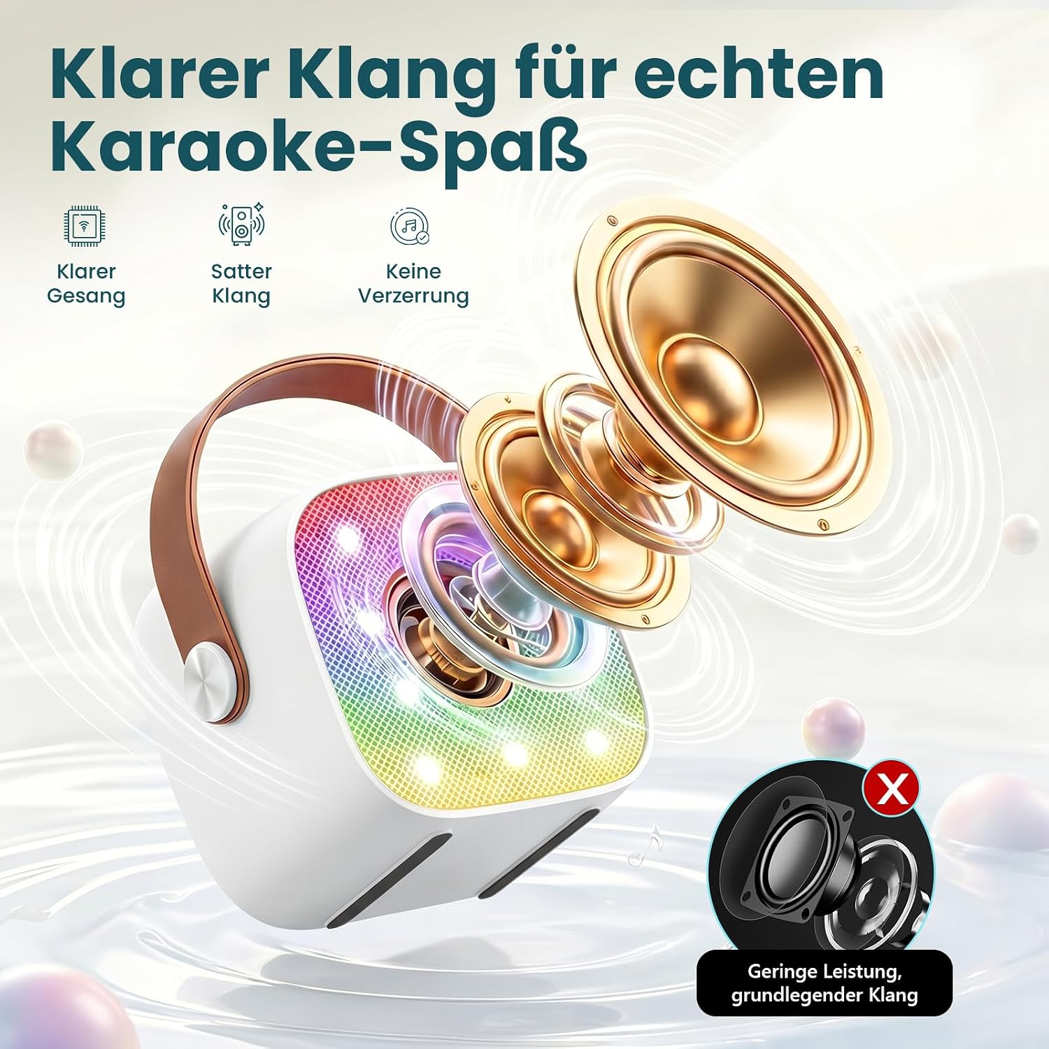 Detalle 2 de Kinder Karaoke Maschine mit Bluetooth-Lautsprecher, 2 Mikrofone, LED-Lichteffekte – Tragbare Karaoke-Box (Weiß)