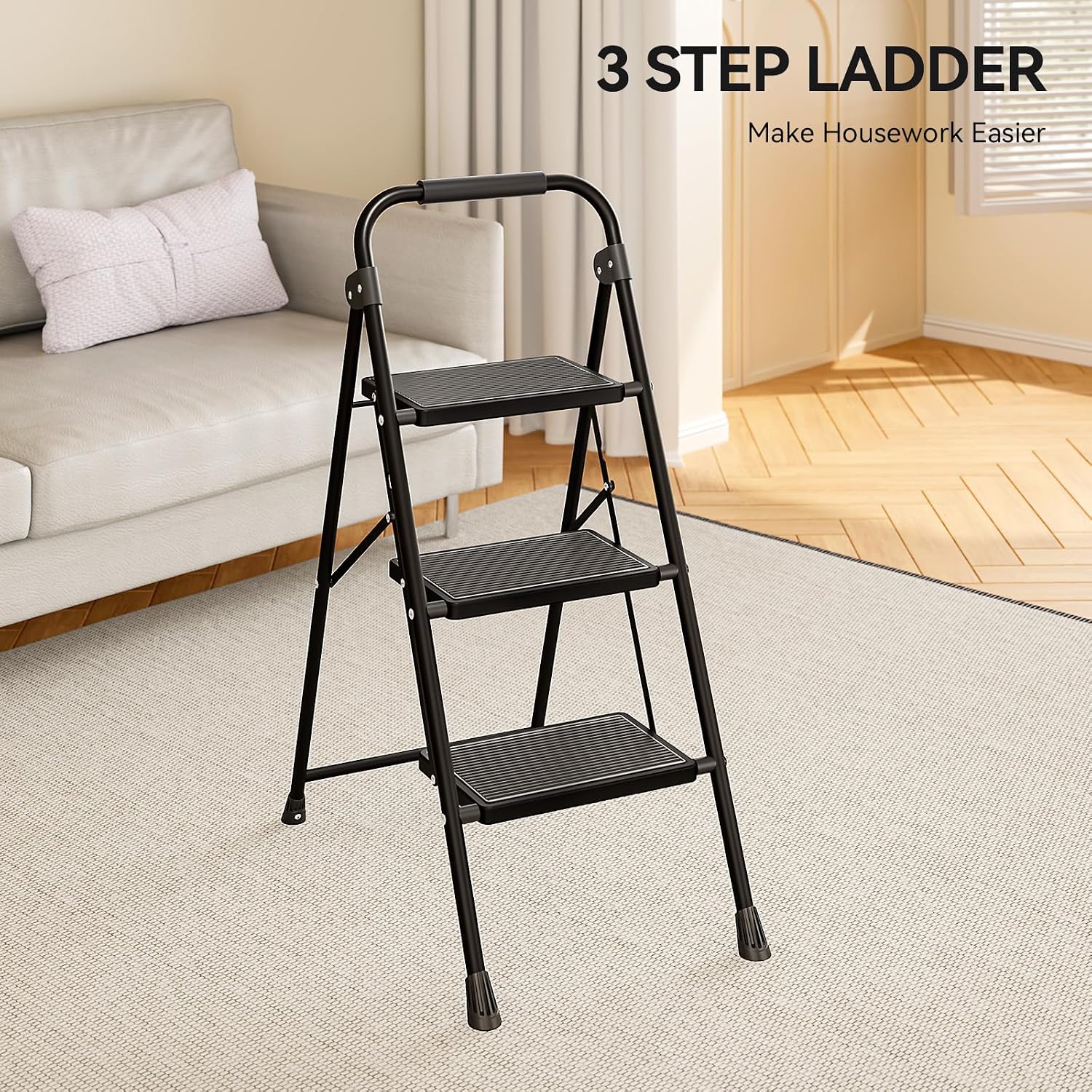 Detalle 2 de KINGRACK 3 Step Folding Ladder – Sturdy, Lightweight Steel Stool with Non-Slip Pedals