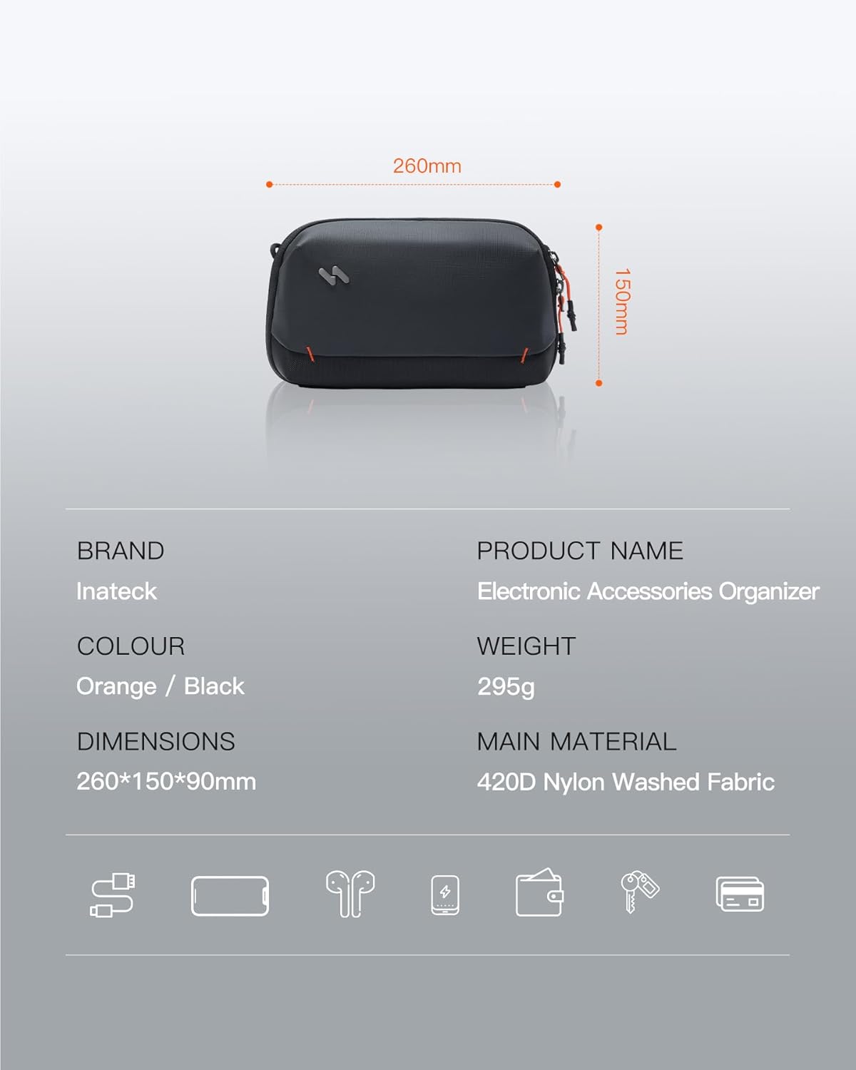 Thumbnail 1 de Inateck Portable Cable Organiser Bag with Shoulder Strap (M, Black) – splash-resistant travel electronics pouch