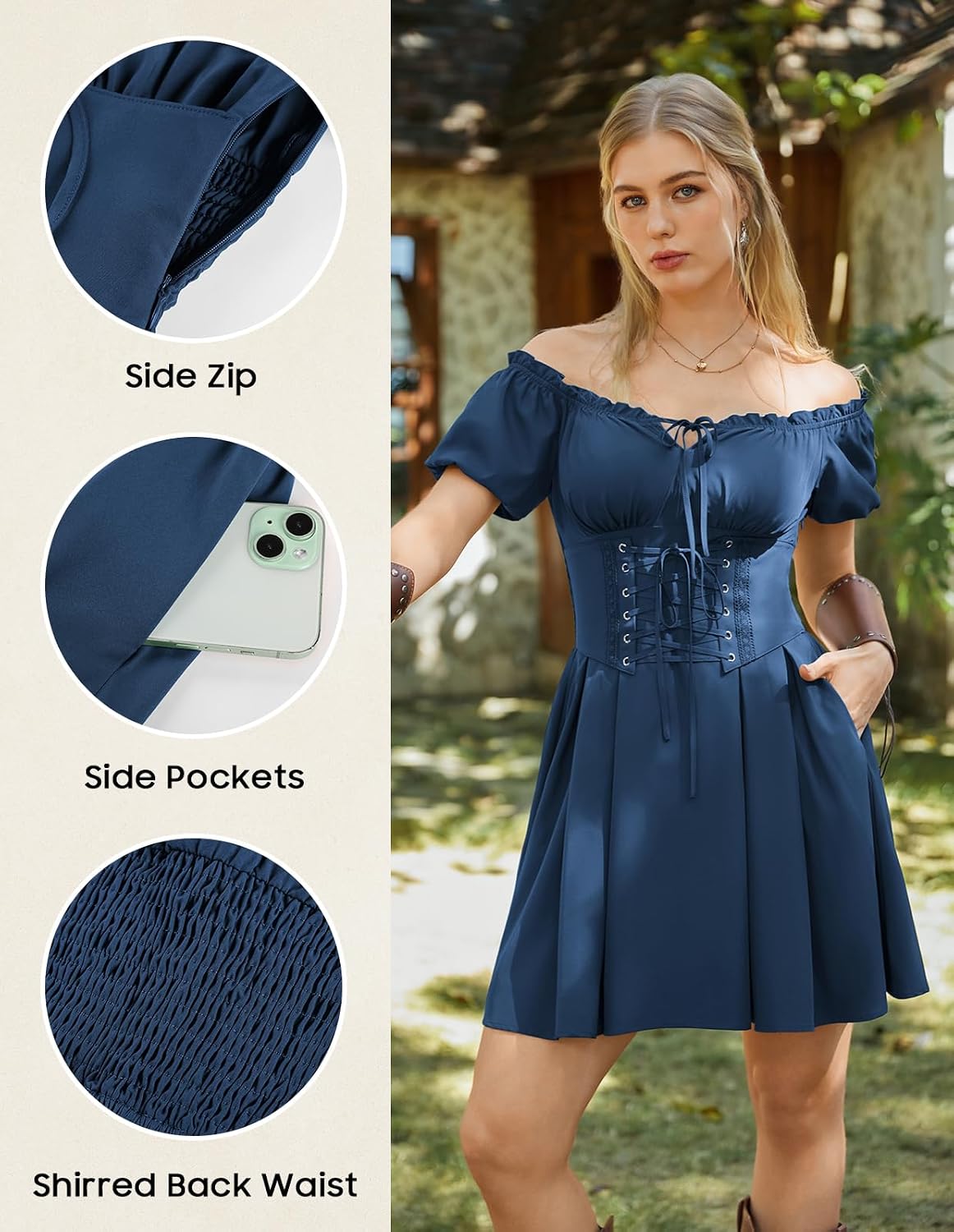 Detalle 2 de Scarlet Darkness Renaissance Corset Mini Dress with Off-Shoulder Sleeves and Pockets