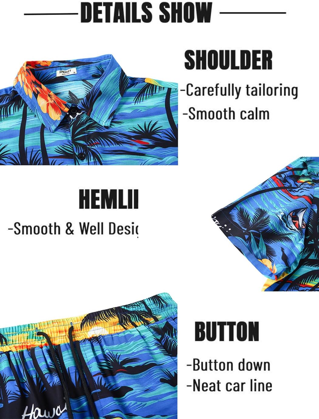Detalle de SPKPKEY Hawaii-Hemd und Shorts für Herren 2-teilig – Lässiges Sommer-Outfit mit Hut