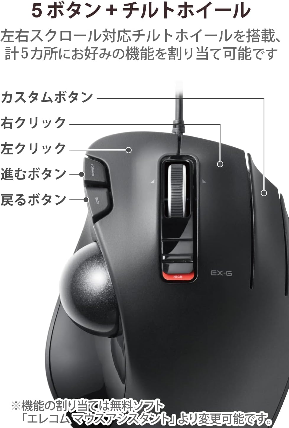 Detalle 2 de エレコム M-XT3URBK 有線トラックボールマウス 右手用・6ボタン・チルトホイール