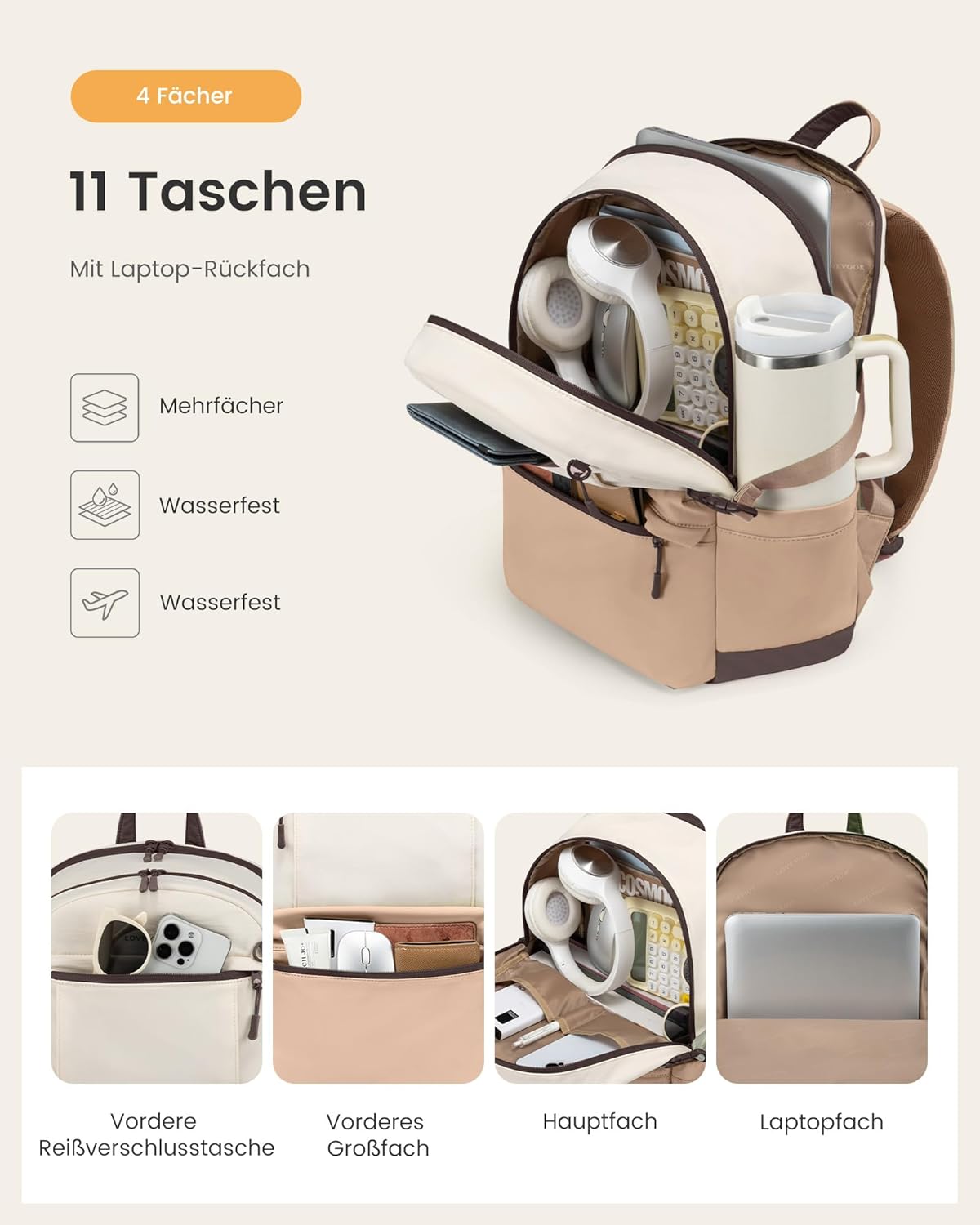 Detalle de LOVEVOOK Damen-Rucksack für 15,6-Zoll-Laptop – Schulrucksack mit großem Getränkehalter und 4 Hauptfächern