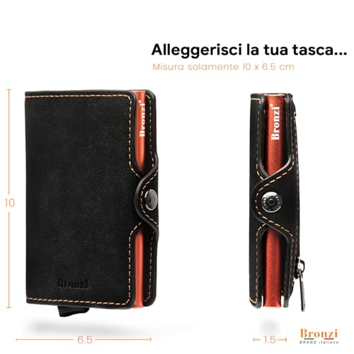 Detalle de Bronzi Portafoglio Uomo Slim Piccolo con protezione RFID – Porta Carte e Portamonete in similpelle, confezione regalo arancione