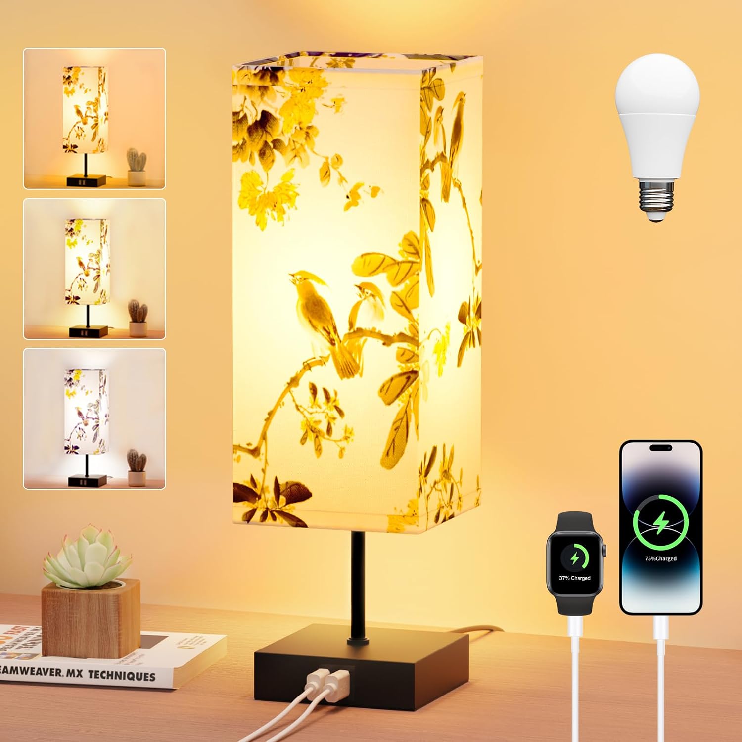 Detalle de Yeeklab lampe chevet tafellamp met touchscreen, 2 USB-poorten en 3 lichtkleuren