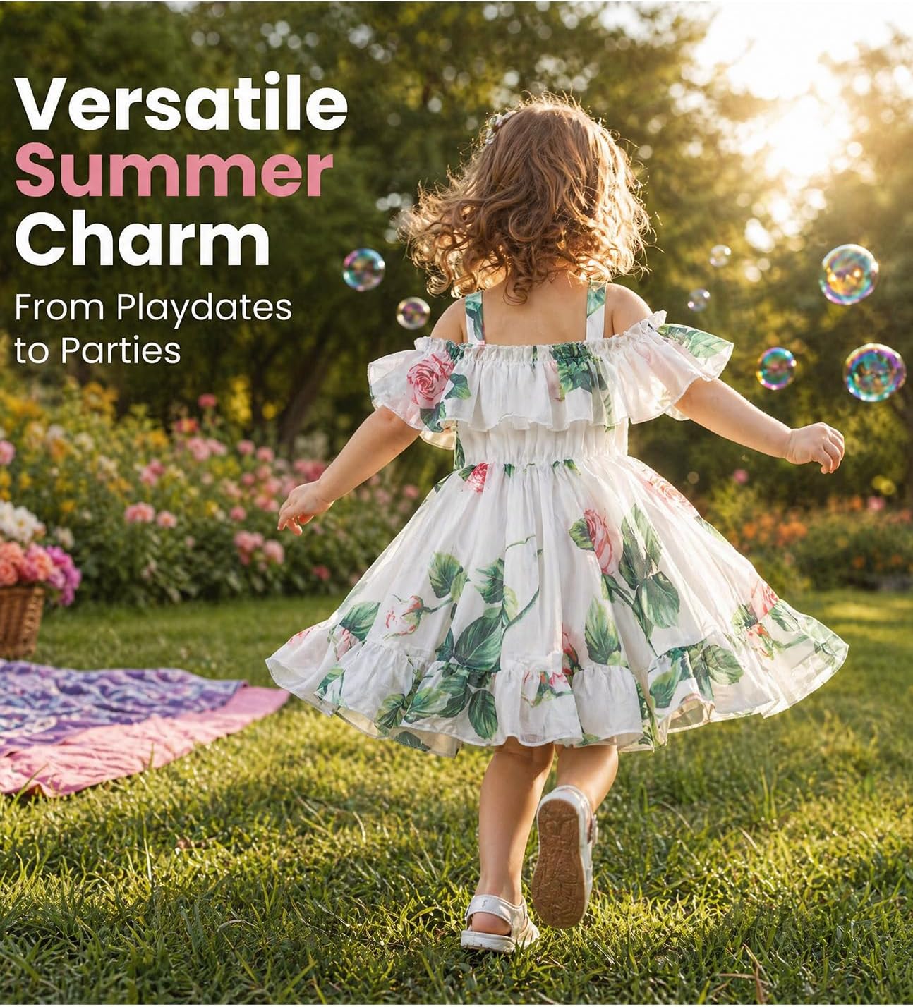 Detalle 2 de JiAmy Toddler Girls Summer Dress – Floral Off-Shoulder Chiffon Ruffle Hem (1–6 Years)