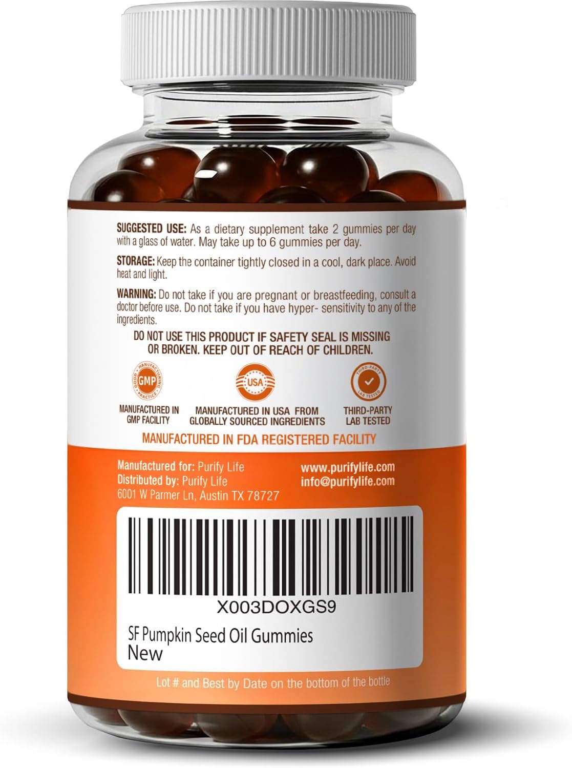 Thumbnail 6 de Purify Life Pumpkin Seed Oil Supplement Gummies, Sugar-Free Vegan Orange Flavor