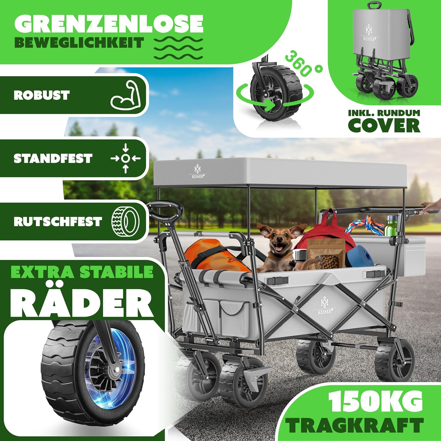 Thumbnail 2 de KESSER® XXL Bollerwagen GT9000 – faltbar, mit Dach, bis 150 kg, großzügiges Innenvolumen