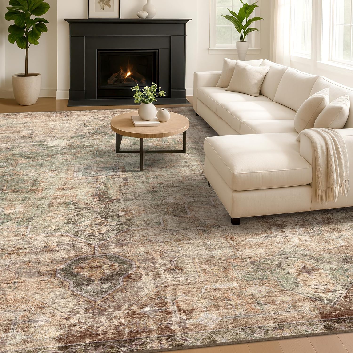 Thumbnail 6 de Hazo Haus Farmhouse Area Rug 8x10 (Brown & Green) — Washable, Non-Slip, Soft Low-Pile Floor Rug
