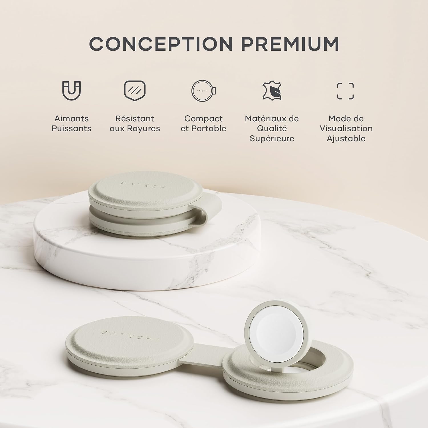 Detalle de Satechi OntheGo™ Chargeur Induction 2 en 1 Qi2 pliable (Beige) – iPhone & Apple Watch