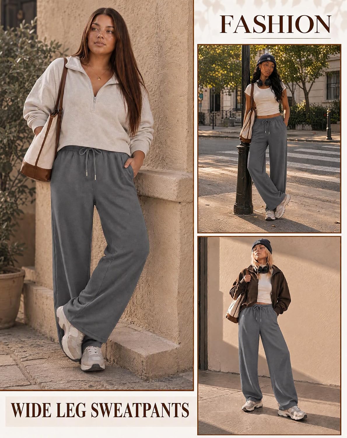 Detalle 2 de JEKAOYI Women's Wide-Leg Sweatpants, High-Waisted Cotton Blend with Pockets