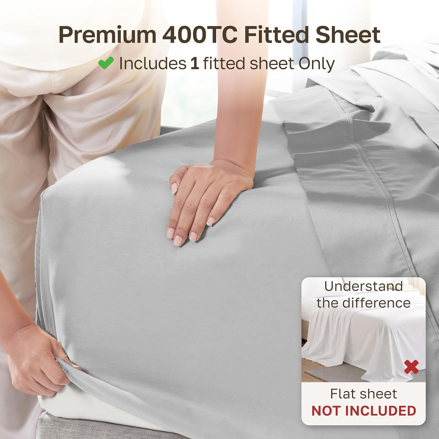 Detalle 2 de California Design Den 840307126726 King Fitted Sheet, Cotton Sateen, 400 Thread Count
