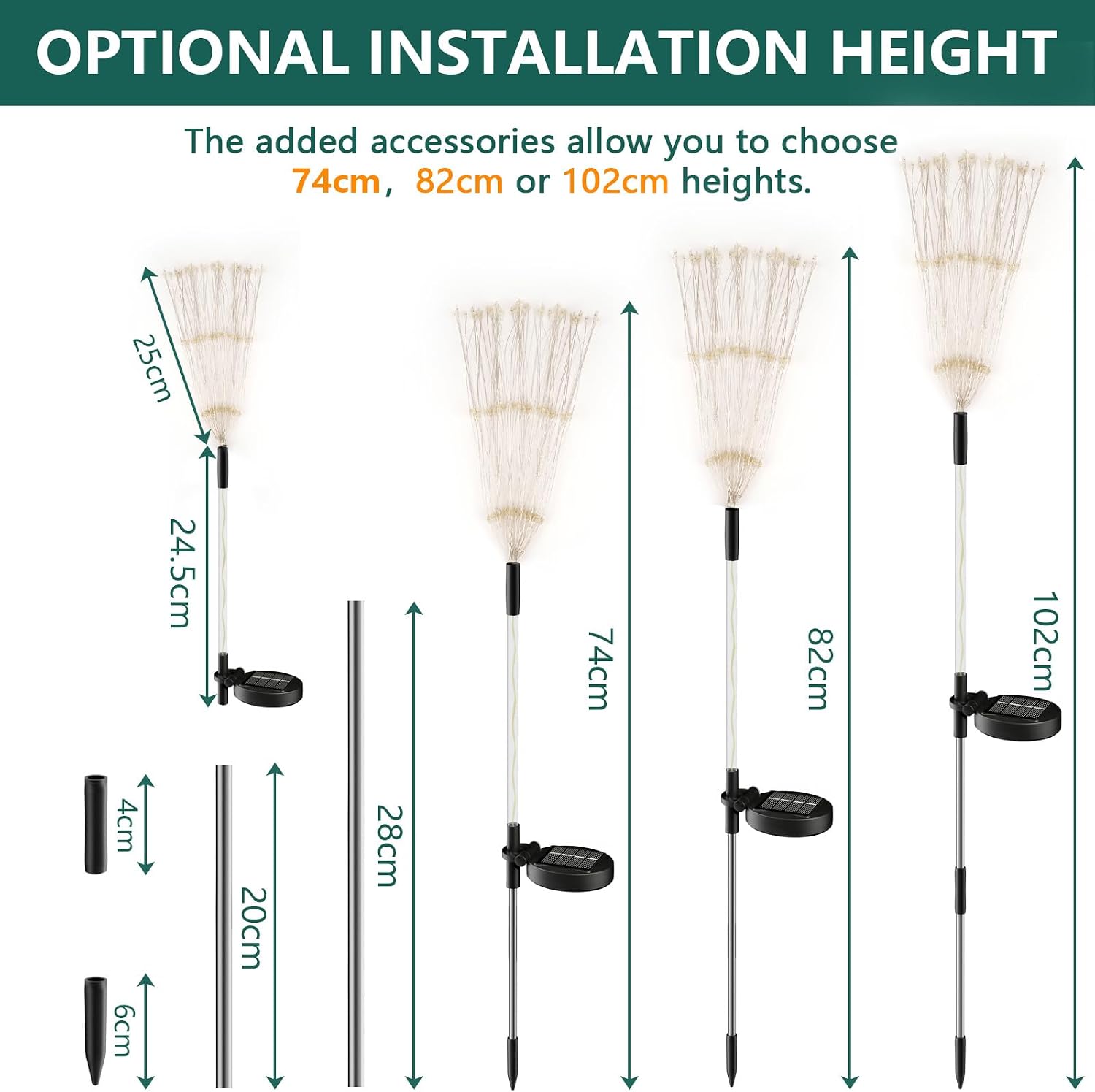 Detalle de Solarleuchten für Außen Garten (2 Stück) mit 122 LEDs und 2 Höhenoptionen 82/102 cm – IP65