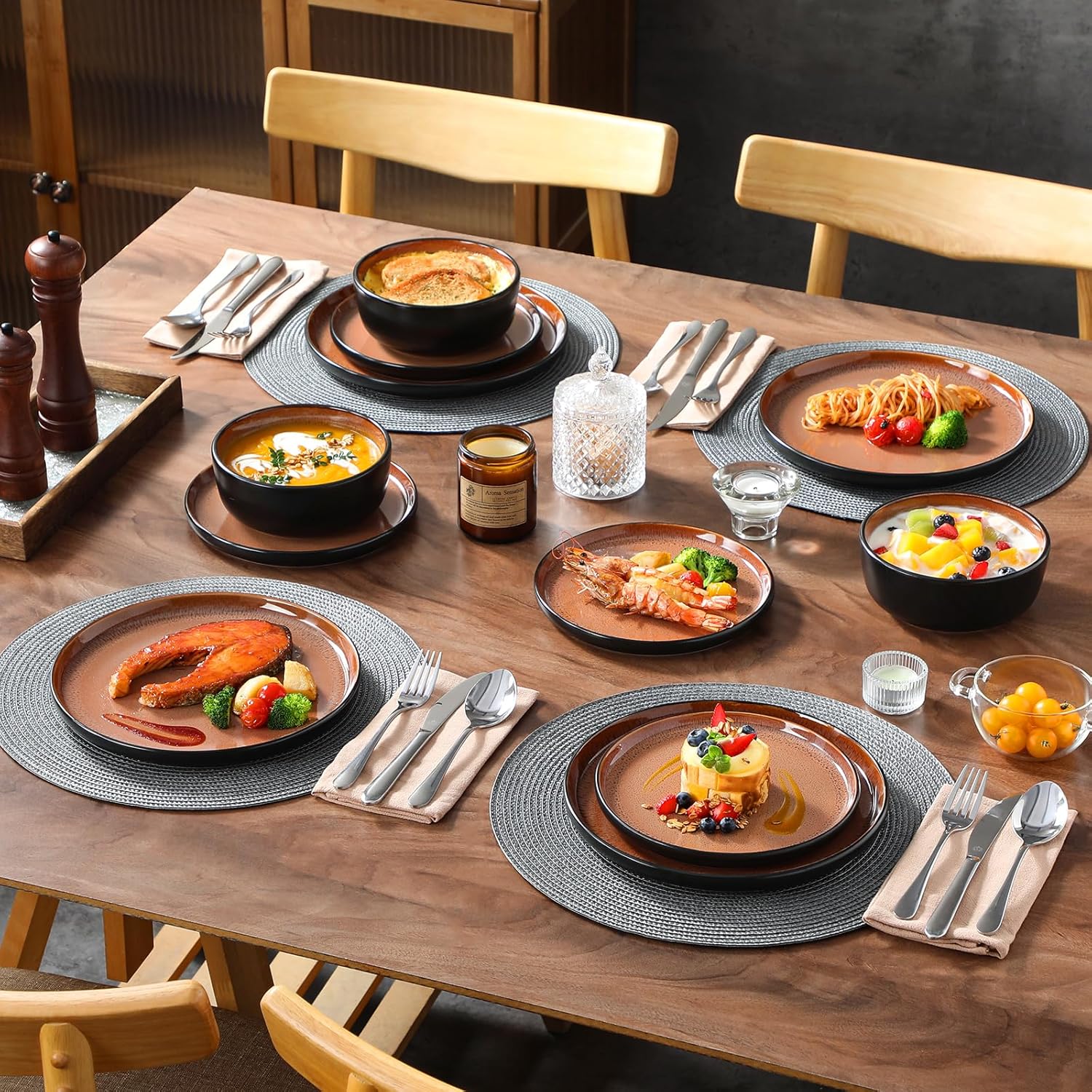 Thumbnail 6 de Vancasso AMBER 24-Piece Stoneware Dinnerware Set — Dark Brown, Microwave & Dishwasher Safe