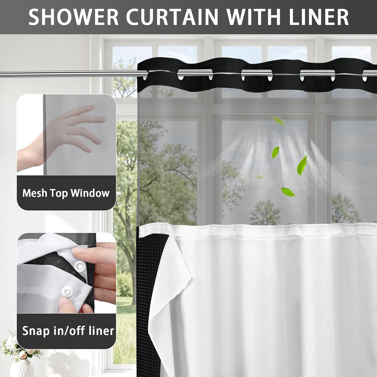 Thumbnail 2 de XOGUIBO No Hook Shower Curtain and Liner Set (Black Waffle, 75" x 72")