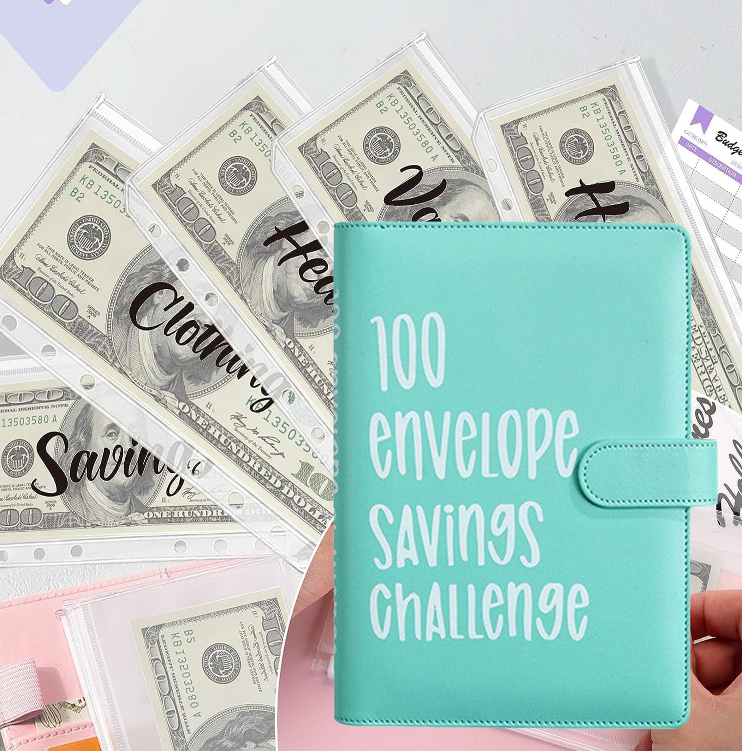 Detalle 1 de AASLOB jujs 100 Envelope Challenge Binder, Green Cash Savings Organizer