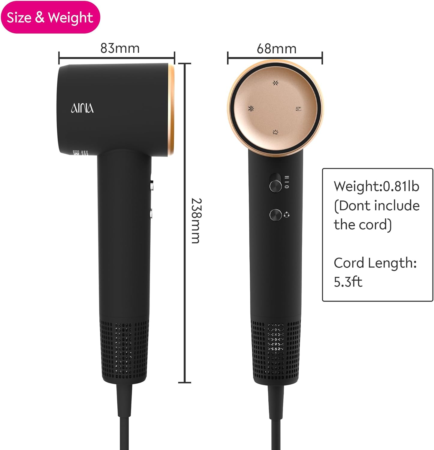 Thumbnail 1 de AINA High Speed Hair Dryer with Brushless Motor, 150,000RPM & Ionic, Travel-Friendly (1A Gold)