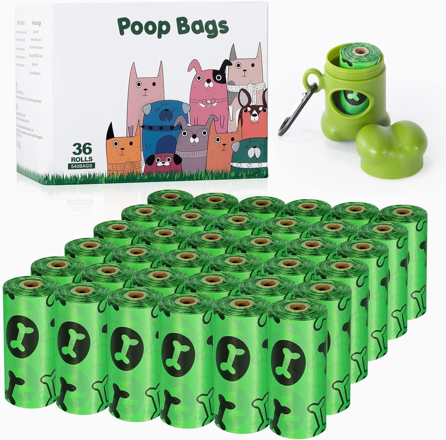 Detalle de OIRLVCE Dog Poo Bags (540 counts / 36 rolls) extra thick, leak-proof dispenser-ready green bags