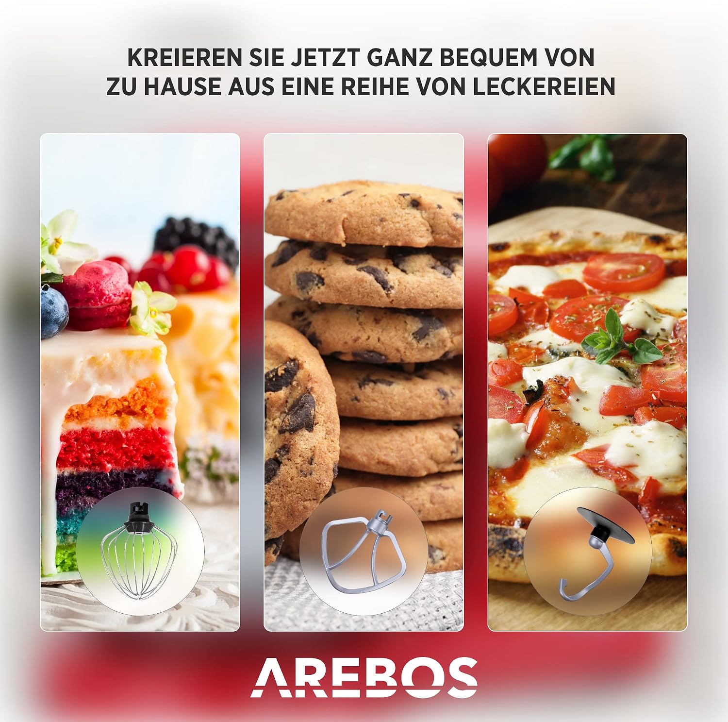 Detalle de Arebos Küchenmaschine 1500 W mit 6-L-Edelstahlschüssel (rot) – Planetenrührsystem & 6 Geschwindigkeiten