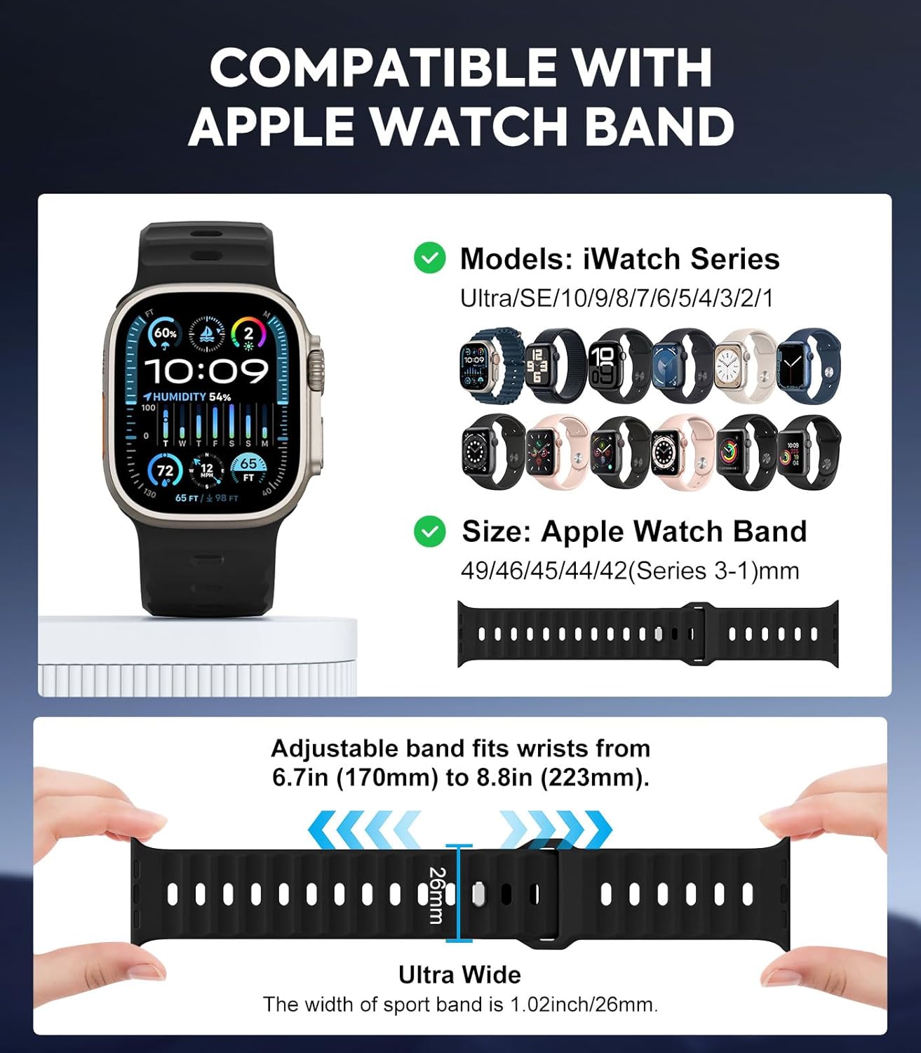 Thumbnail 1 de MoKo Ocean Bands for Apple Watch Ultra 2: Durable Silicone Sport Strap for 49mm, 45mm, 44mm and 42mm