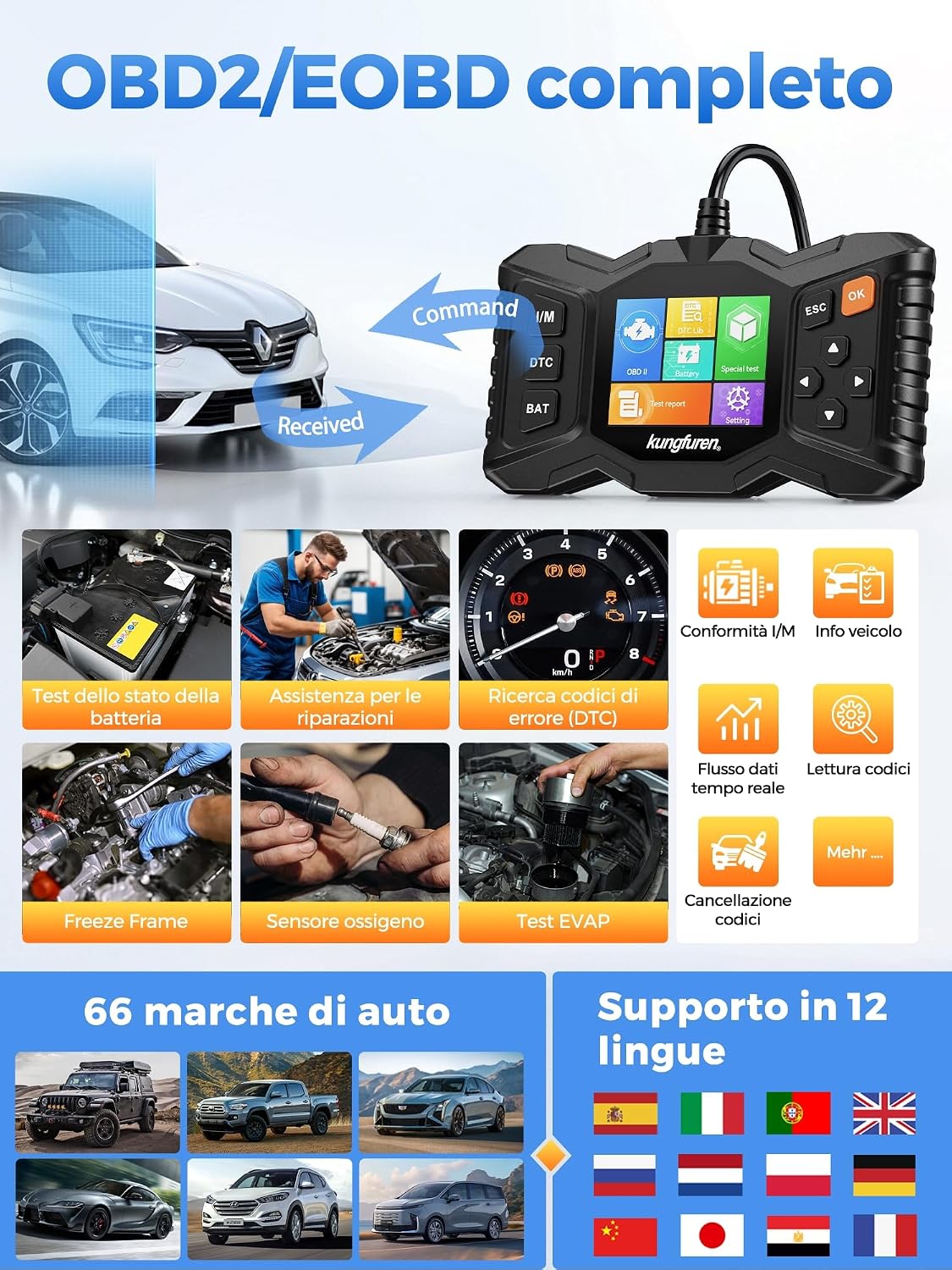Detalle de OBD2 Diagnosi Auto Diagnostica Italiano: Lettore Codici Motore Multimarca per Scanner Professionale