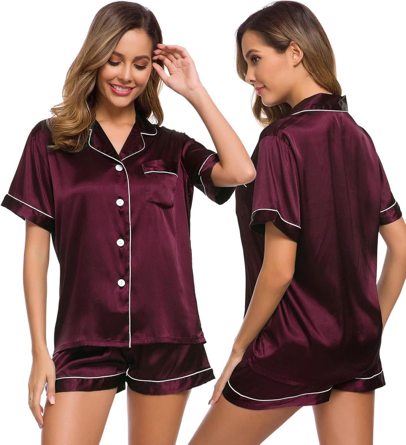 Detalle de SWOMOG Women's Silk Satin Pyjama Set - Two-Piece Brides Sleepwear