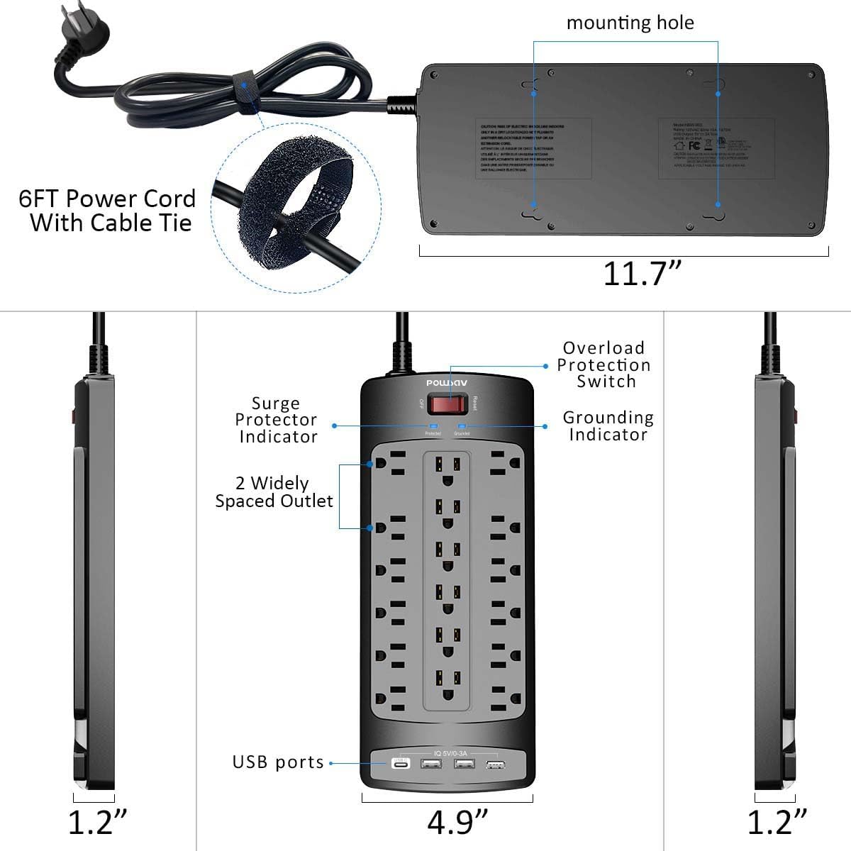 Thumbnail 6 de POWSAV 18-Outlet Surge Protector Power Strip (6-Foot Flat Plug, 4 USB) — ETL Listed