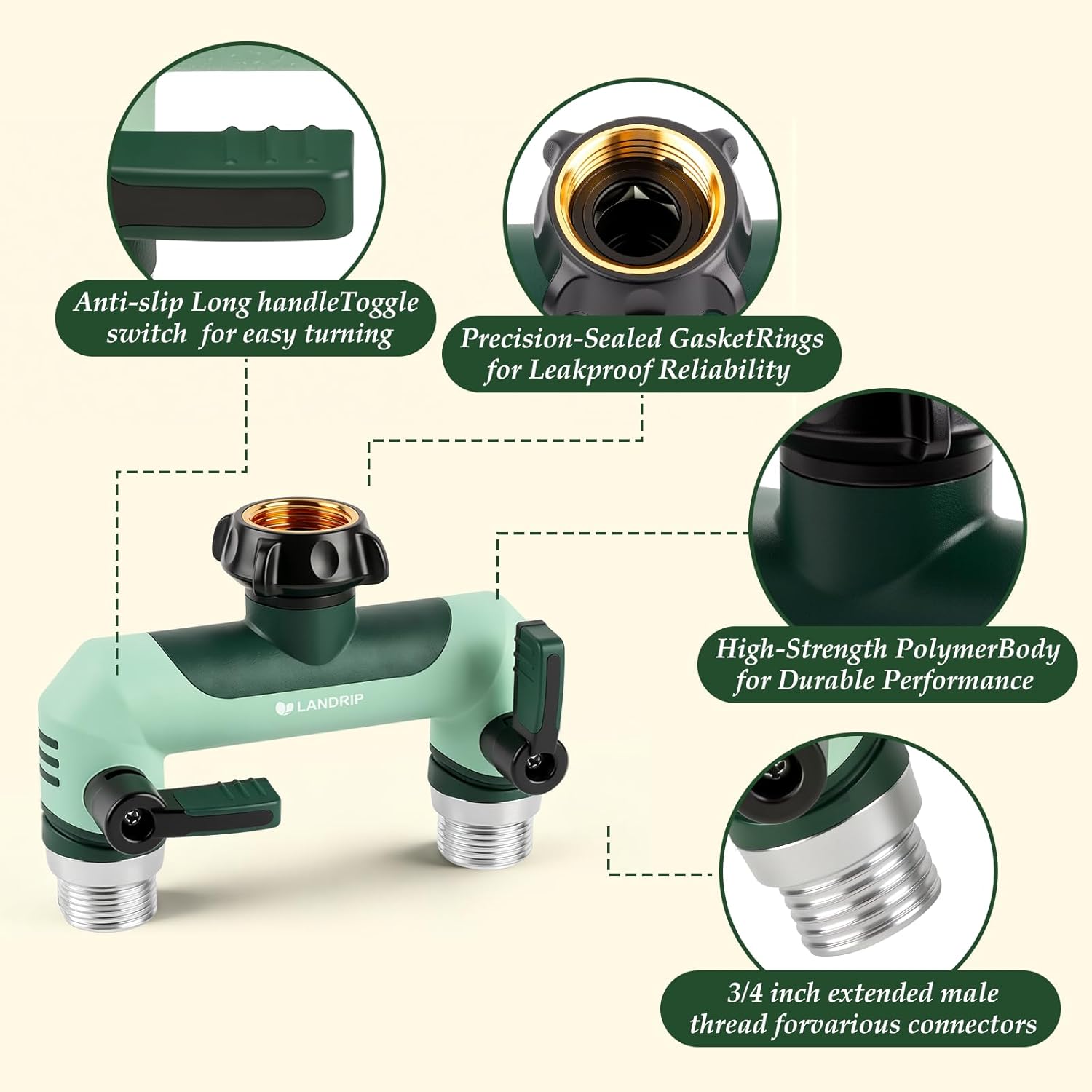 Detalle de Landrip Garden Hose Splitter 2 Way with Individual Valves – 3/4 Inch Heavy Duty Outdoor Faucet Splitter
