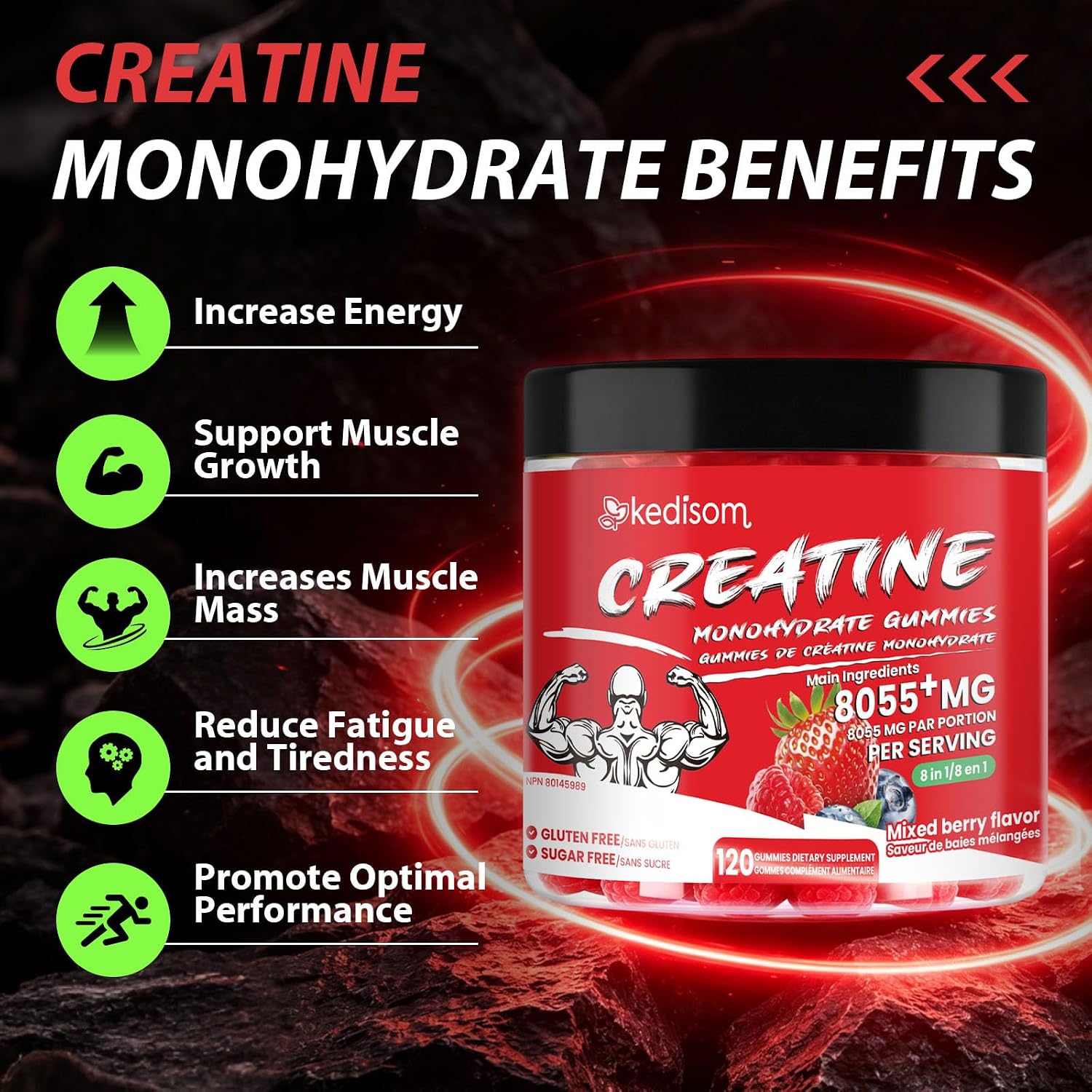 Detalle 2 de KEDISOM Creatine Gummies, 8-in-1 Blend, Sugar-Free Mixed Berry, 120 Count