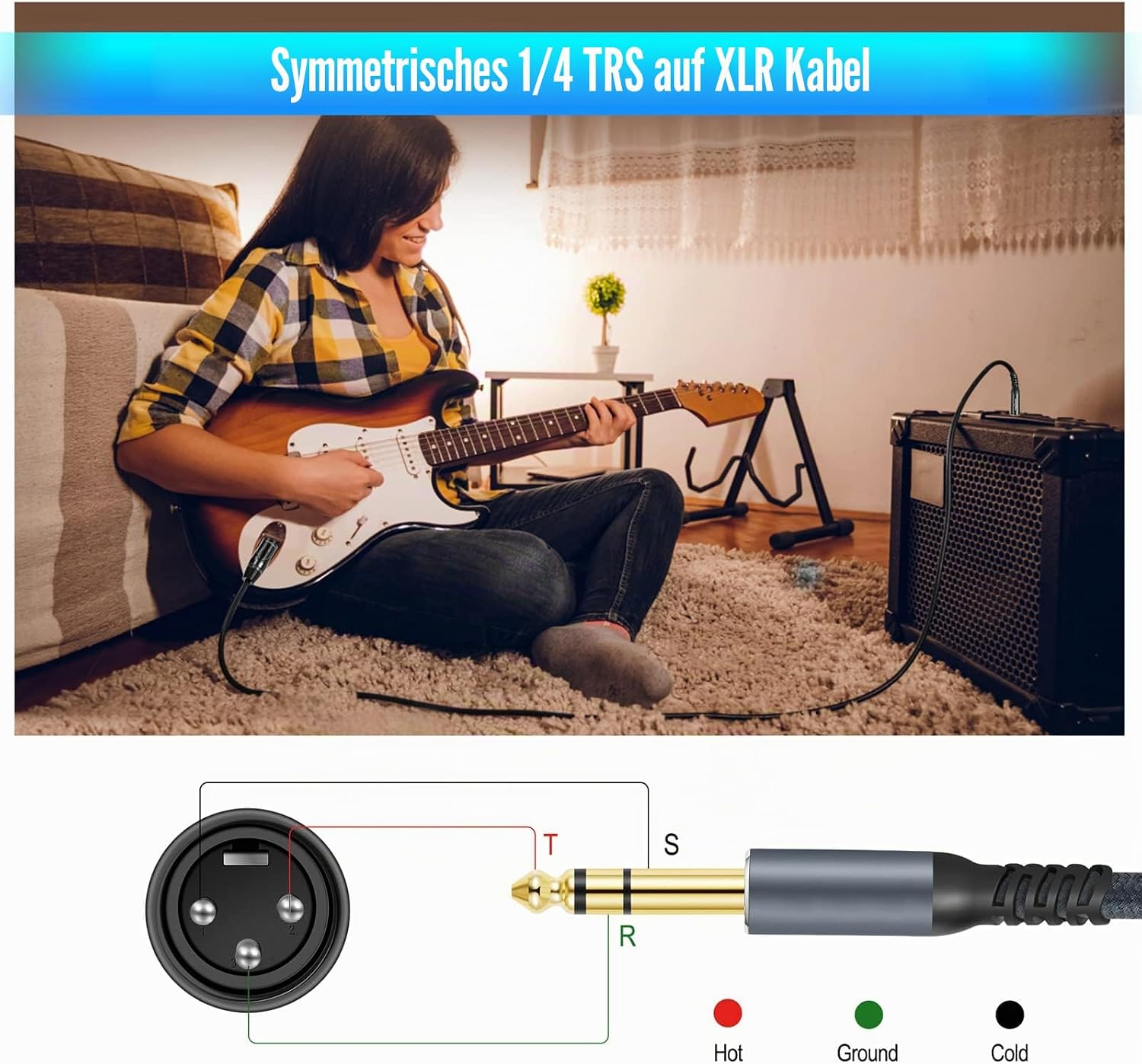 Detalle de Twozoh Klinke 6,35 mm auf XLR Stecker 3-poliges Audiokabel, 1 m – Geflochtenes XLR auf 1/4" TRS Symphony Line