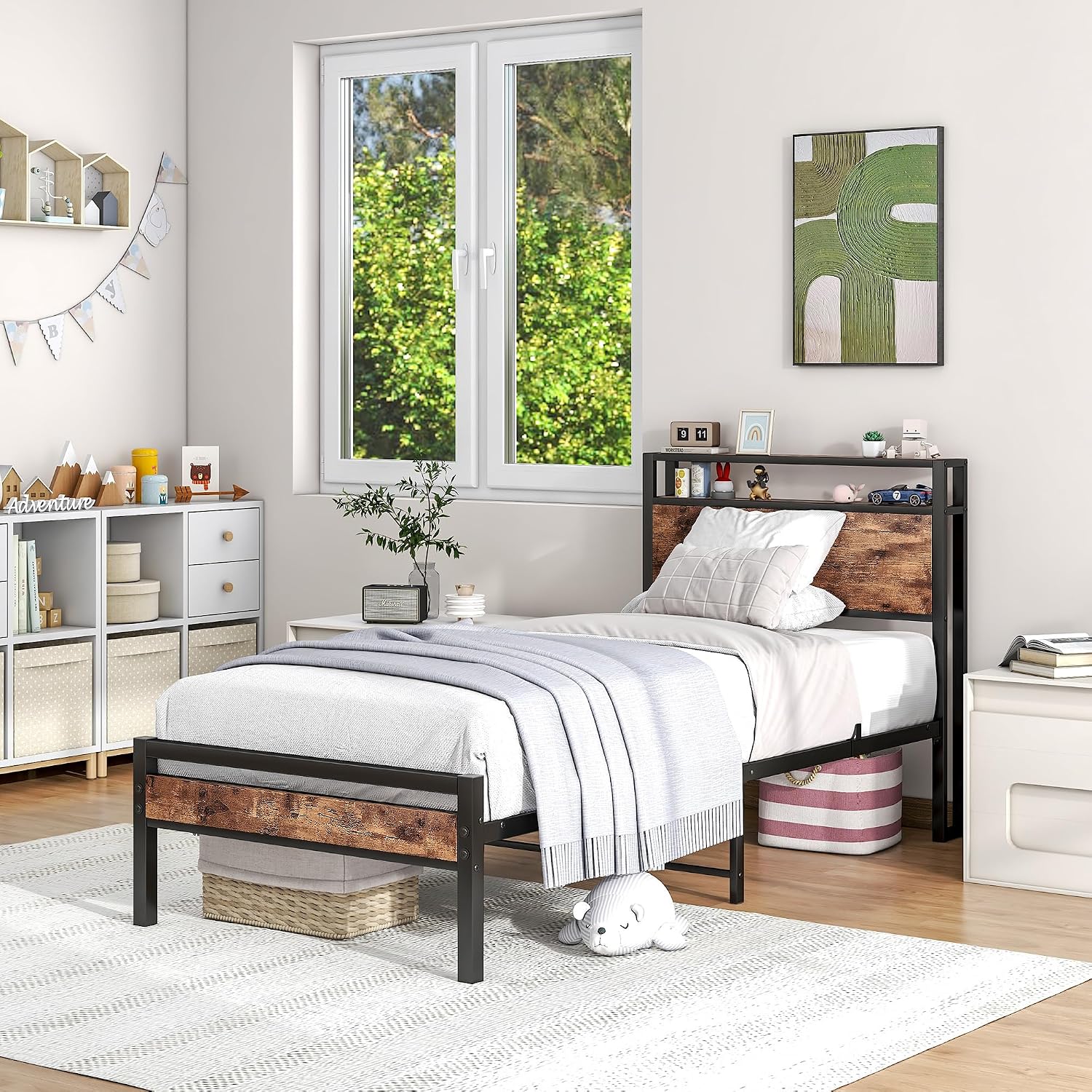 Detalle de HOJINLINERO Telaio letto 90 x 200 cm con rete a doghe e contenitore in legno