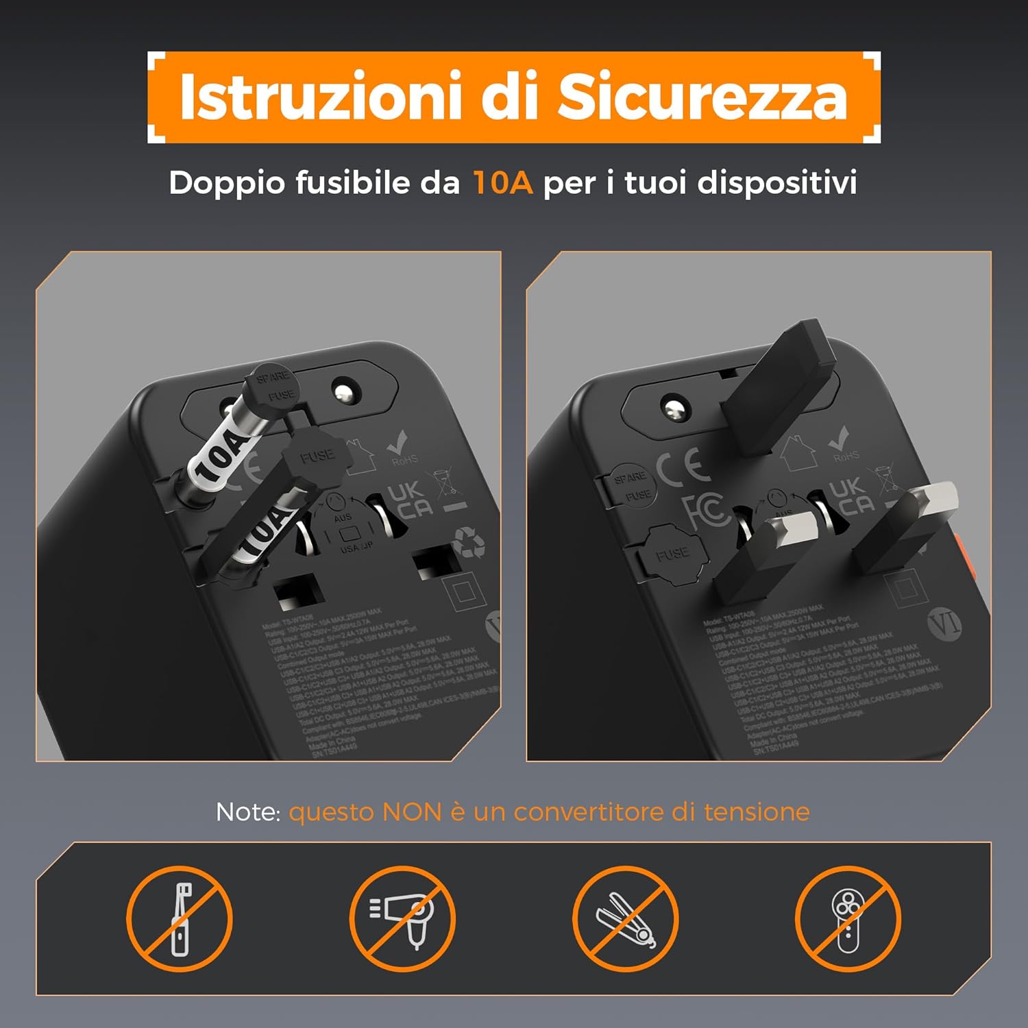 Detalle 2 de TESSAN Adattatore Universale da Viaggio 28 W con 3 USB-C e 2 USB-A – Spina EU/US/UK/AU, Nero