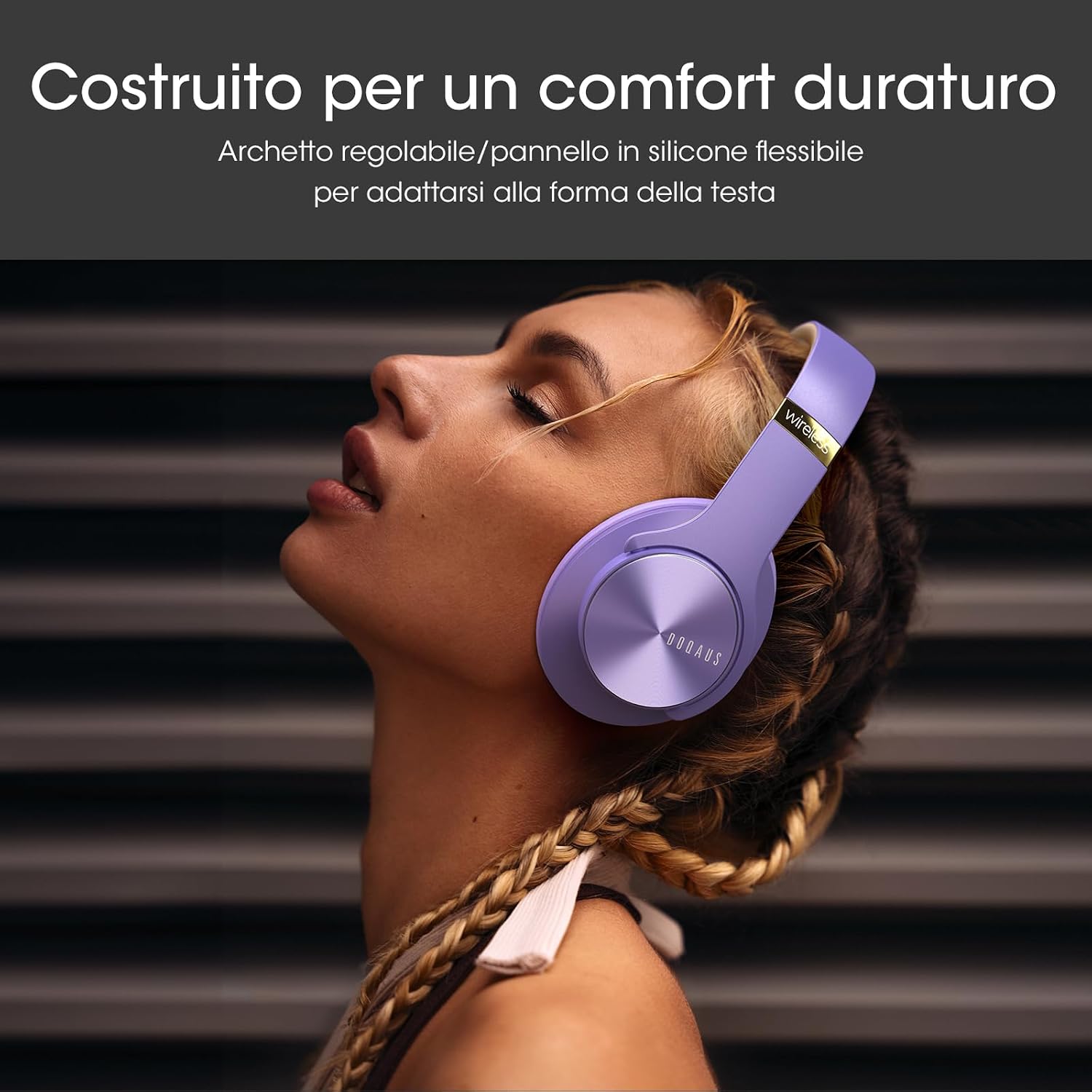 Detalle de DOQAUS Cuffie Bluetooth Wireless Over Ear – fino a 90 ore, 3 modalità EQ, memory foam, wireless e cablaggio incluso (Viola)