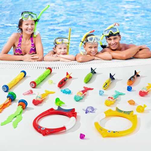 Detalle de Mactoou Juguetes de Buceo para Piscina (24 piezas) – Juego infantil para nadar y bucear con bolsa de transporte